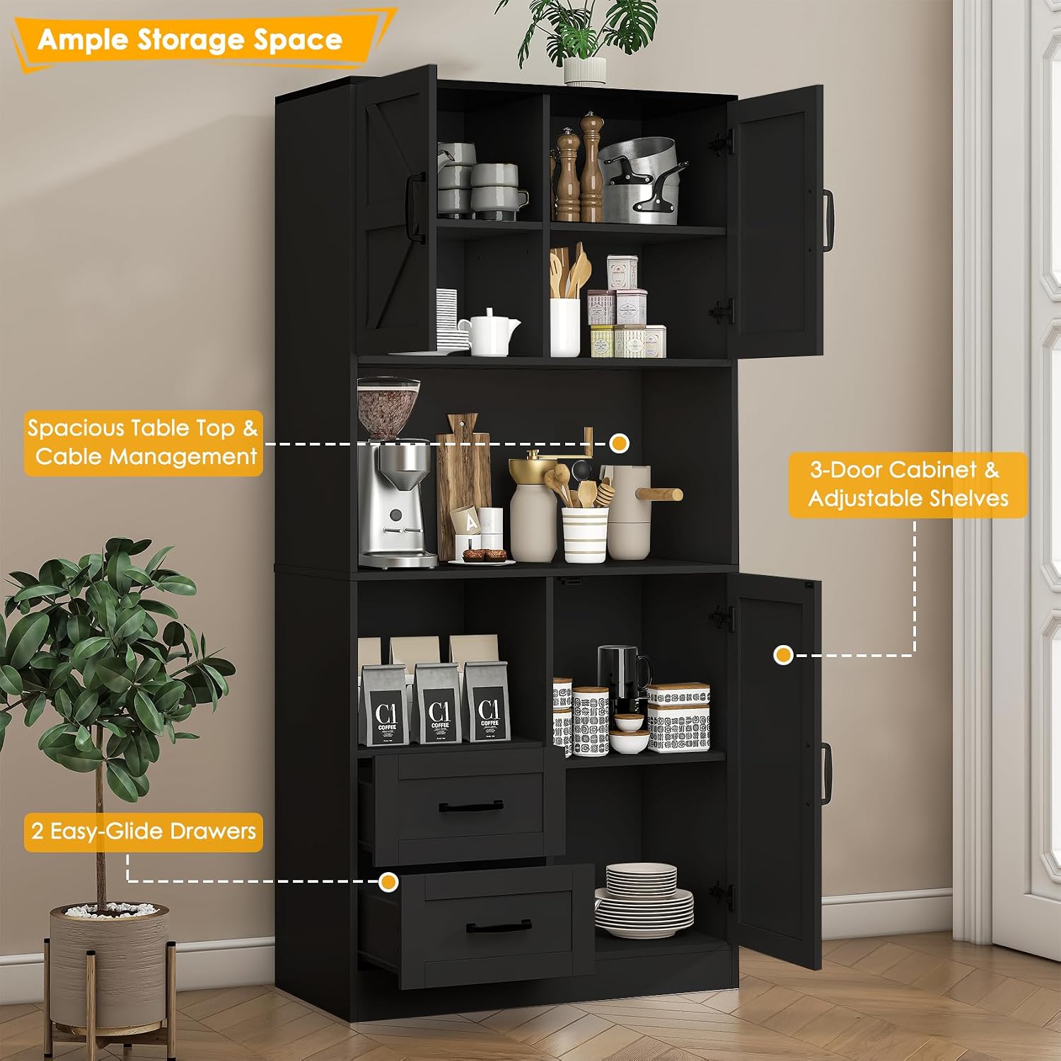 Kitchen Pantry Storage Cabinet with LED Lights and Power Strip, Tall Farmhouse Kitchen Pantry with Barn Doors and Drawers, Adjustable Shelves for Dining Living Room (Black)