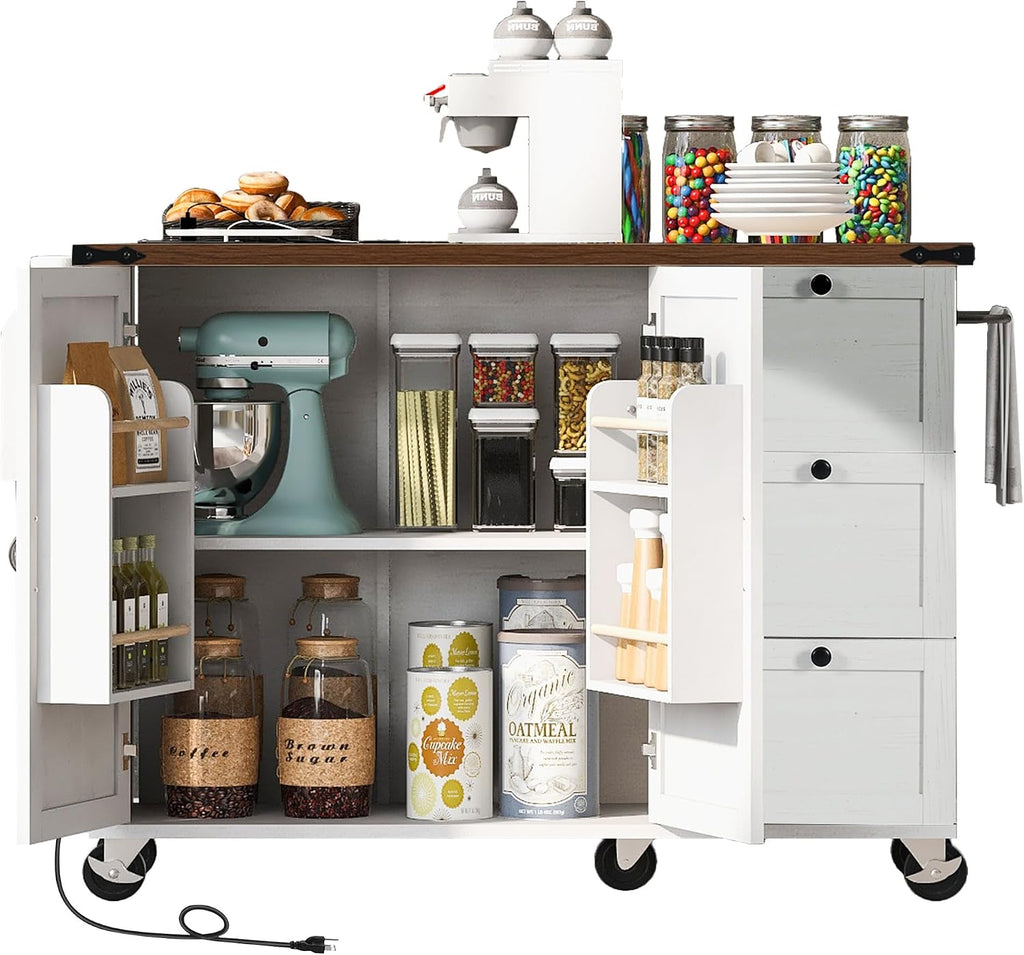 54.5' Farmhouse Rolling Kitchen Island Cart on Wheels with Power Outlet, Storage Island with Drop Leaf, Spice Rack and Drawer for Dining Room Kitchens Living Room White