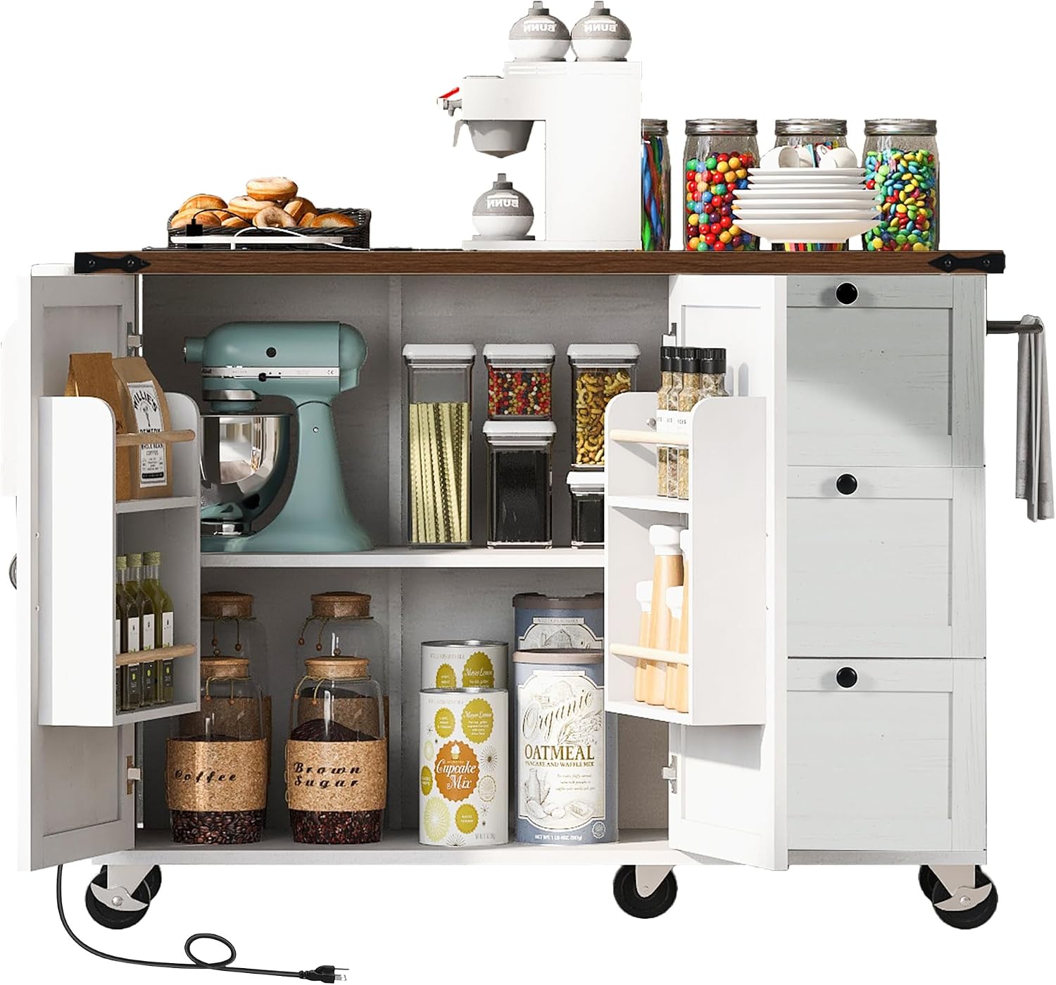 54.5' Farmhouse Rolling Kitchen Island Cart on Wheels with Power Outlet, Storage Island with Drop Leaf, Spice Rack and Drawer for Dining Room Kitchens Living Room White