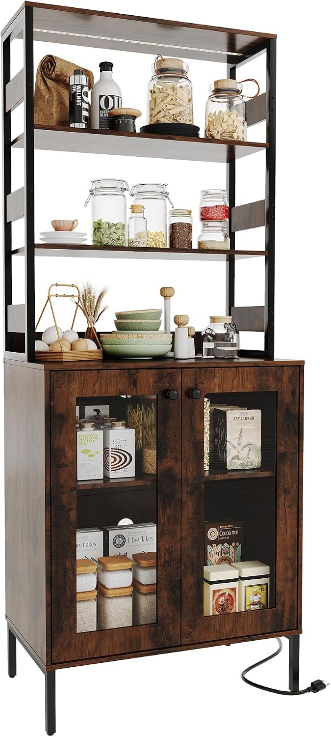 TrailBlaze 67' Tall Coffee Bar Cabinet with Power Outlets & RGB LED Lights - Glass Doors, Adjustable Shelves, Wine & Liquor Storage - Microwave Stand Pantry Hutch for Dining Room or Living Room -
