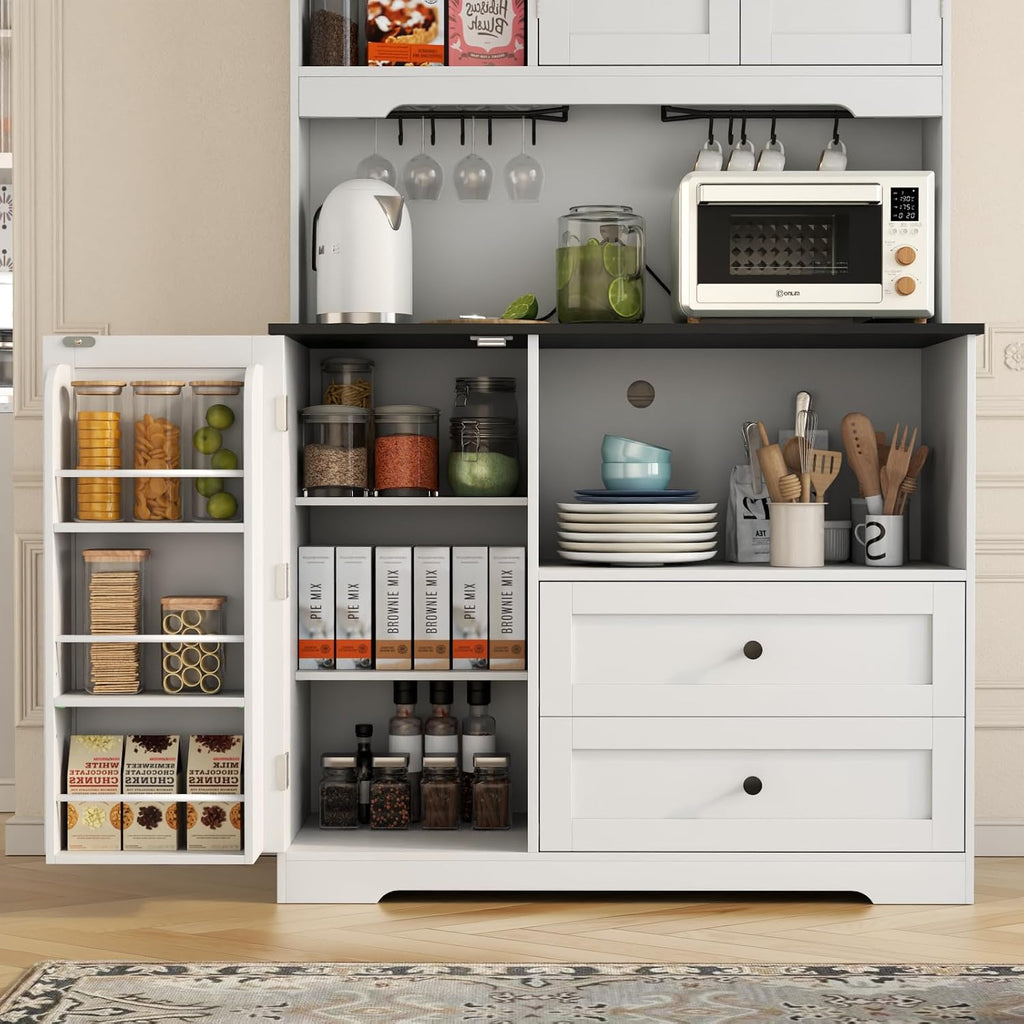 68'Tall Kitchen Pantry Storage Cabinet with Charging Station, Upgrade Pantry Cabinet with Doors & Shelves and Wine Glass Holder,Kitchen Hutch Cabinet with Microwave Stand for Kitchen (White+Black)