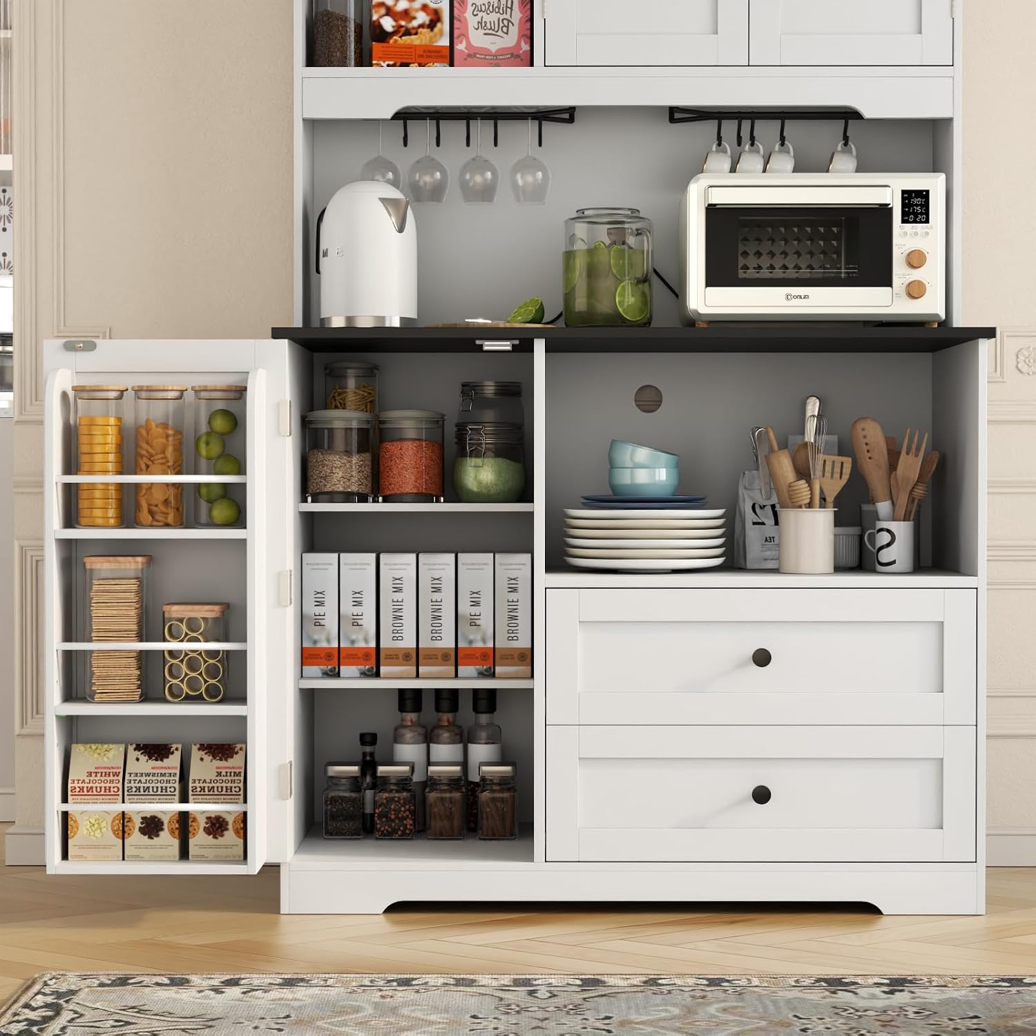 68'Tall Kitchen Pantry Storage Cabinet with Charging Station, Upgrade Pantry Cabinet with Doors & Shelves and Wine Glass Holder,Kitchen Hutch Cabinet with Microwave Stand for Kitchen (White+Black)