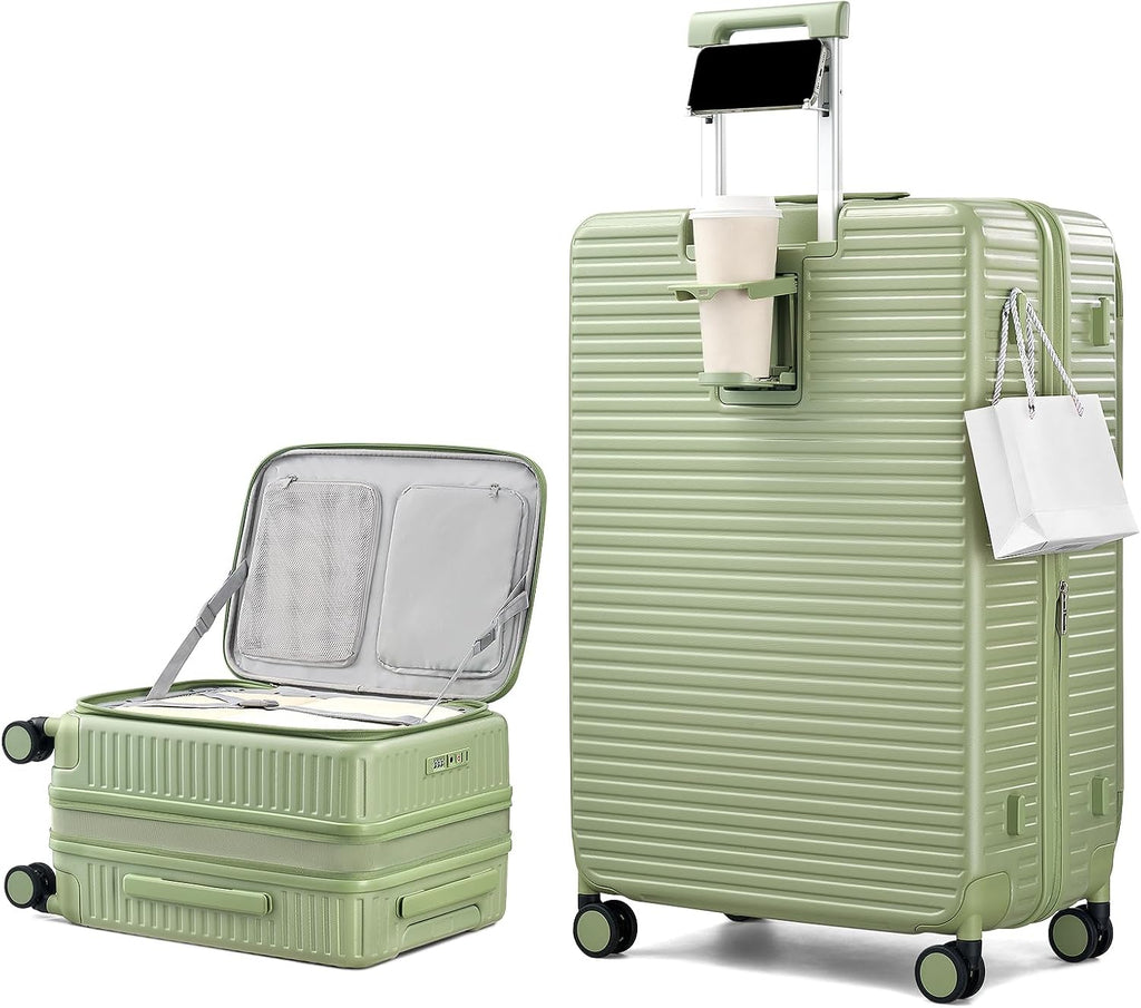 HanTrip Hard Shell Expandable Luggage Sets 2 Piece with Spinner Wheels Cup Holder, Top Opening Lightweight Luggage Rolling Suitcase, Carry On And Checked Luggage Set 2 Piece (Bamboo Green, 20/28)