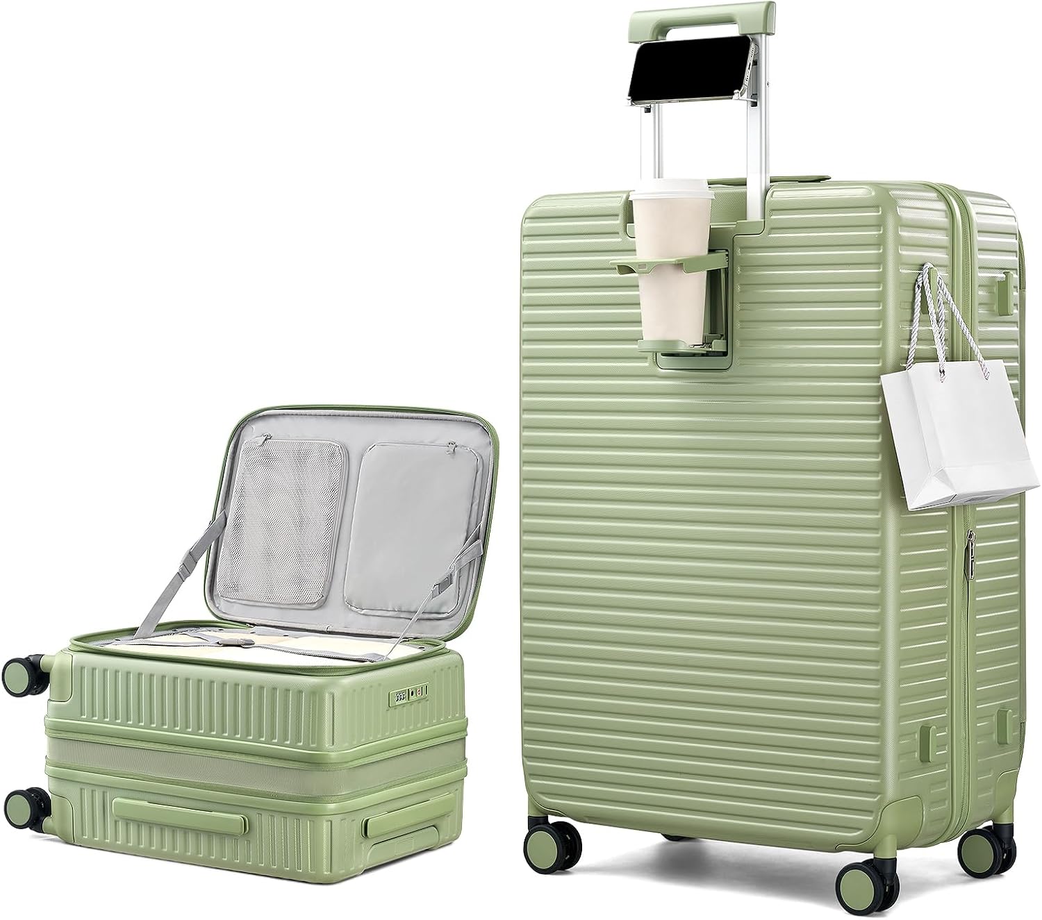 HanTrip Hard Shell Expandable Luggage Sets 2 Piece with Spinner Wheels Cup Holder, Top Opening Lightweight Luggage Rolling Suitcase, Carry On And Checked Luggage Set 2 Piece (Bamboo Green, 20/28)
