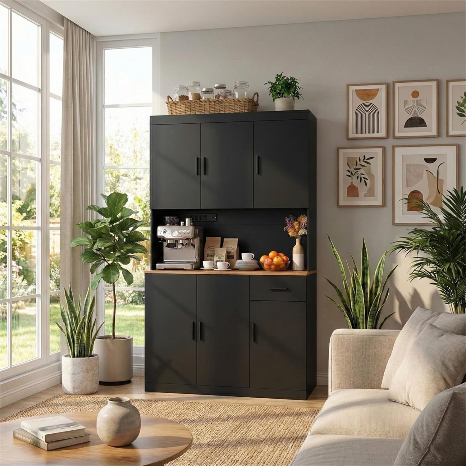 DIYART 71 Inch Black Pantry Cabinet with Power Outlet, Heavy-Duty Freestanding Kitchen Storage Organizer with Reinforced Frame, Pantry Hutch for Kitchen, Dining Room, Living Room