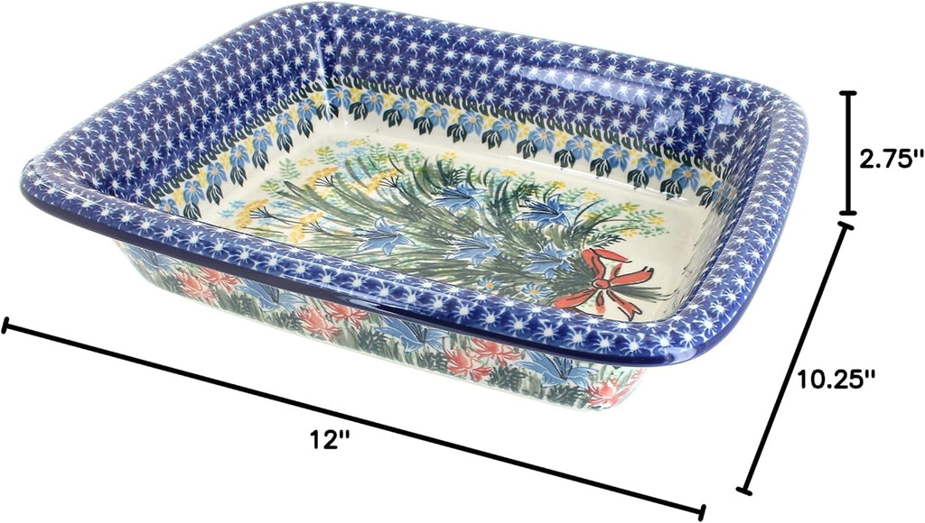 Blue Rose Polish Pottery - Blue Day Lily Bouquet Medium Rectangular Baker - 12.25' x 10' - Unique, Dishwasher Safe, & Durable Bakeware