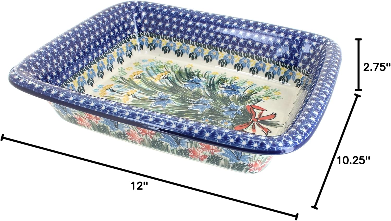 Blue Rose Polish Pottery - Blue Day Lily Bouquet Medium Rectangular Baker - 12.25' x 10' - Unique, Dishwasher Safe, & Durable Bakeware