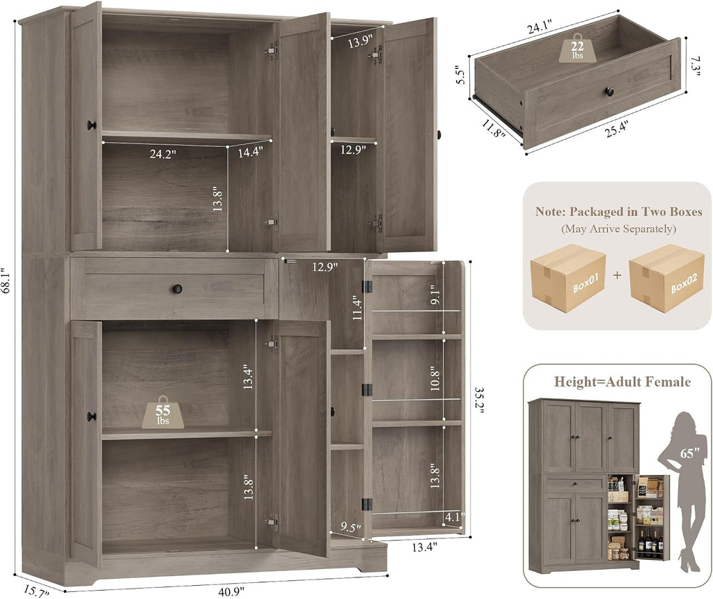 HOSTACK 68' Tall Kitchen Pantry Storage Cabinet, Modern Kitchen Hutch Cabinet with Doors and Shelves, Freestanding Food Pantry with Large Storage Drawer for Dining Room, Living Room, Ash Gray