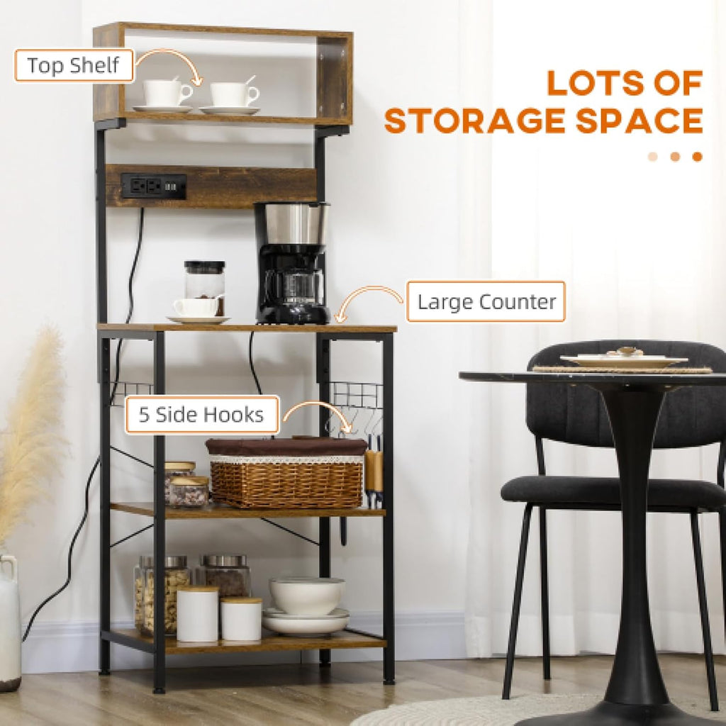 Kitchen Bakers Rack with Power Outlet USB Charger 5 Hooks Microwave Stand Adjustable Coffee Bar for Spices Pots and Pans