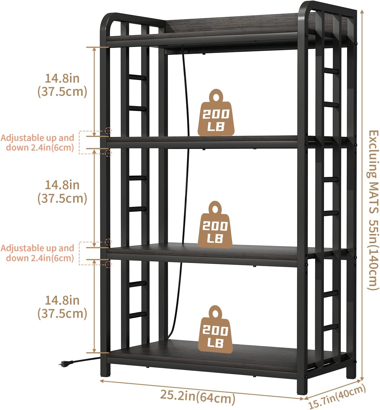 Adjustable Bakers Rack with Power Outlet, 4 Tier Microwave Oven Stand, Heavy Duty Kitchen Storage Rack for Garage Dining Room, Black