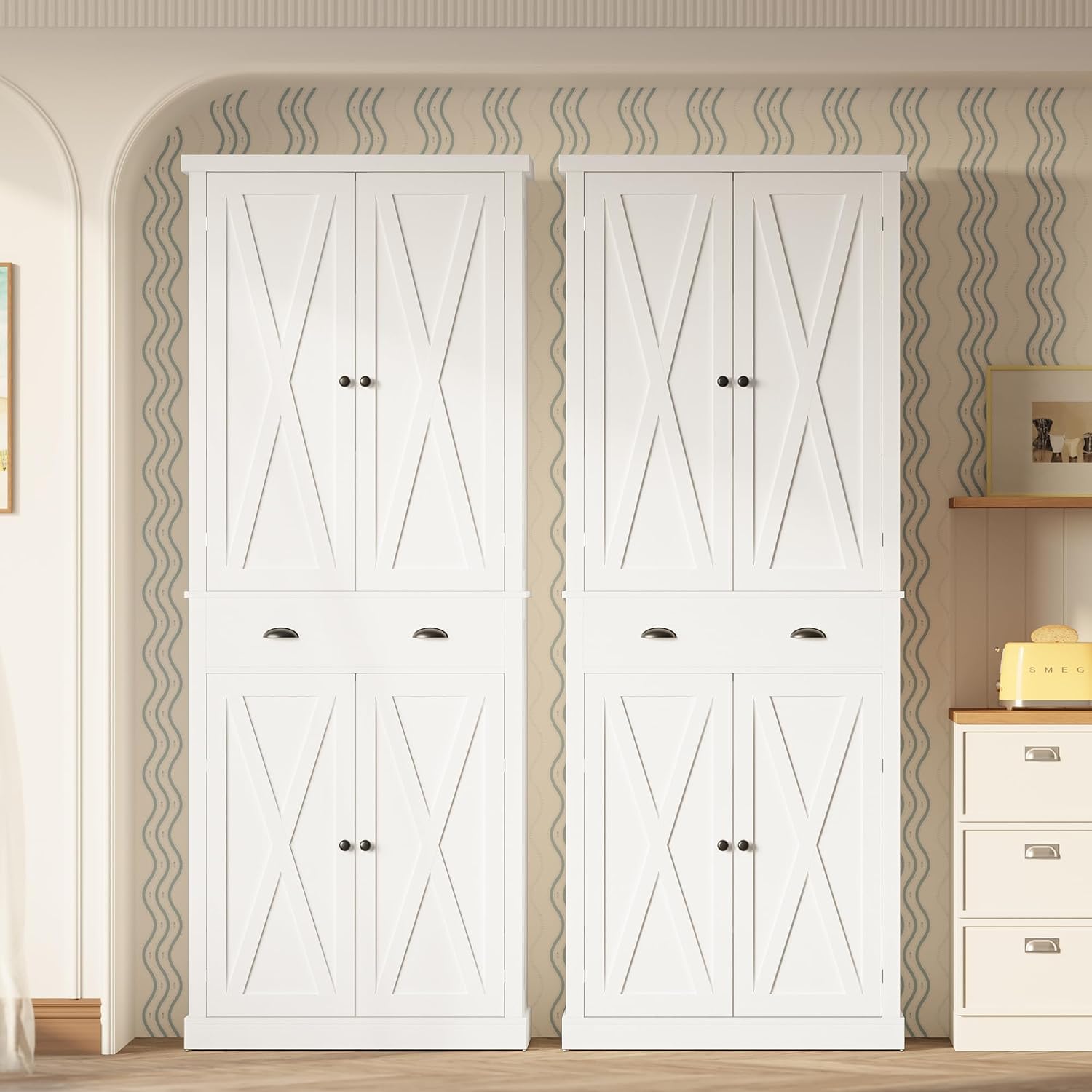 IRONCK Kitchen Pantry Storage Cabinet 83.9' H, with Barn Doors, Drawer, 4 Adjustable Shelves, Freestanding Cupboard for Dining Room Living Room, Laundry, White