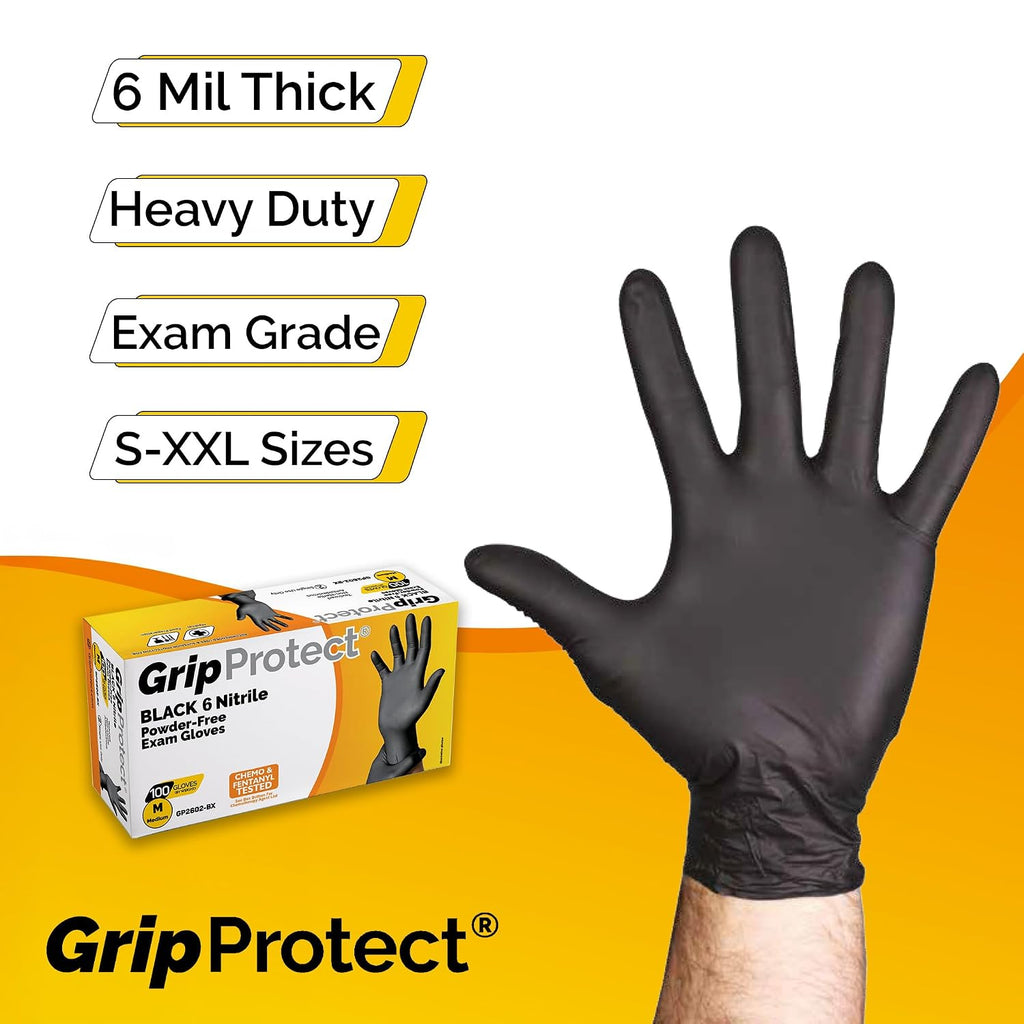 GripProtect 6 Mil Black Nitrile Exam Gloves | Heavy Duty | Textured | Food | Cleaning | Law Enforcement | Automotive | (Small, 1,000)