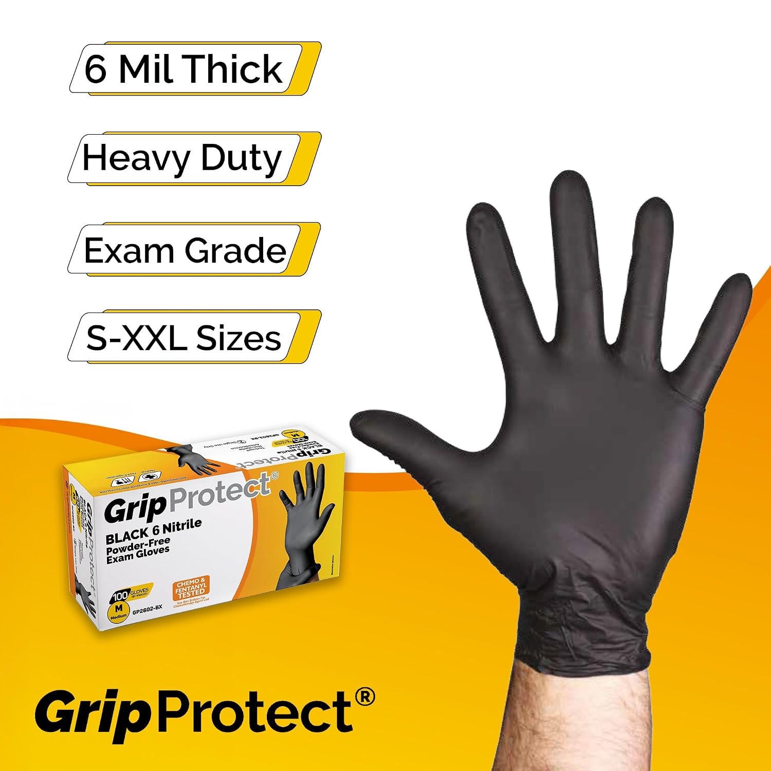 GripProtect 6 Mil Black Nitrile Exam Gloves | Heavy Duty | Textured | Food | Cleaning | Law Enforcement | Automotive | (Small, 1,000)