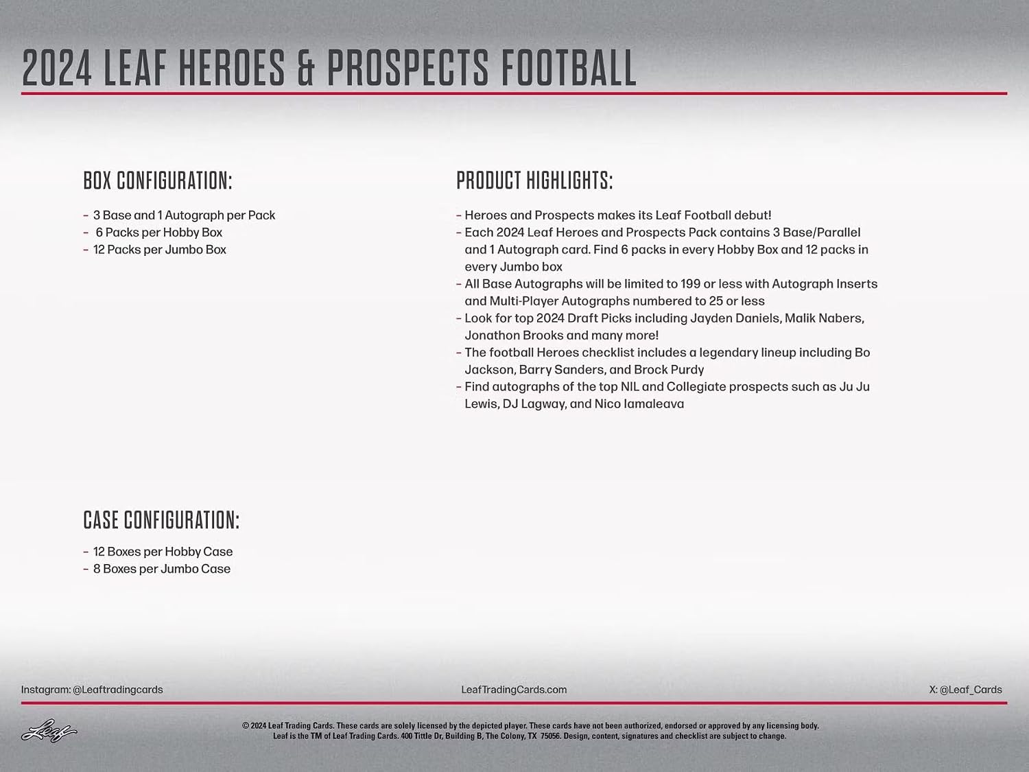 2024 Leaf Prospects & Heroes Football Hobby Box