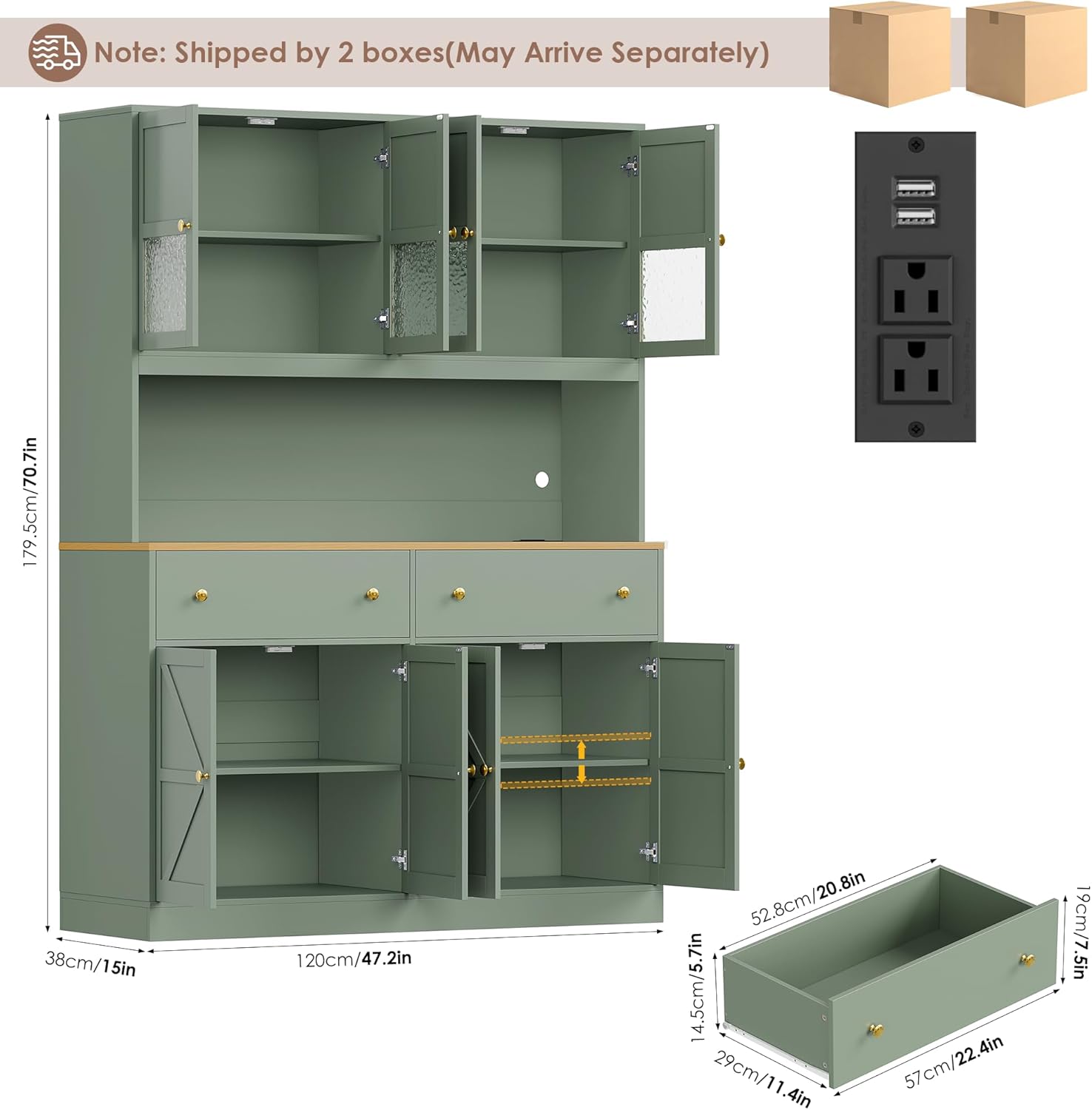 FINETONES 71' Pantry Cabinet with LED Light and Charging Station, Farmhouse Kitchen Pantry Cabinet with Microwave Stand, 47.2' Wide Kitchen Hutch Food Pantry with Open Countertop, Green