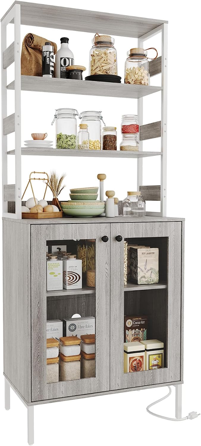 Towallmark 67 Inch Farmhouse Bakers Rack with Power Outlet & LED Lights, Kitchen Coffee Bar Cabinet Microwave Stand with Storage, Liquor Bar Cabinet with Adjustable Shelves and Hutch, Grey