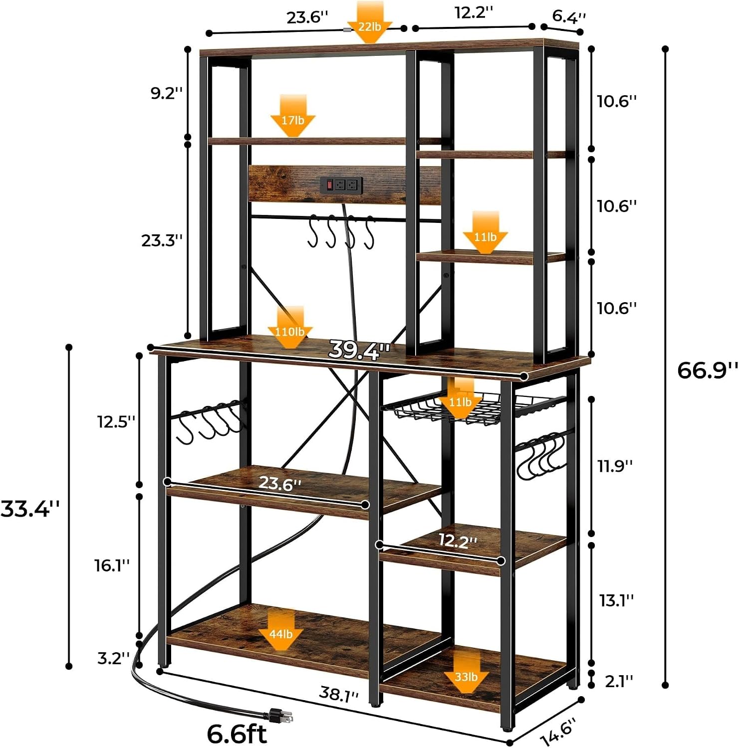 Adrinfly Large 6 Tier Kitchen Bakers Rack with Power Outlets 39.4 x 14.6 x 66.9 Inch 1 Piece
