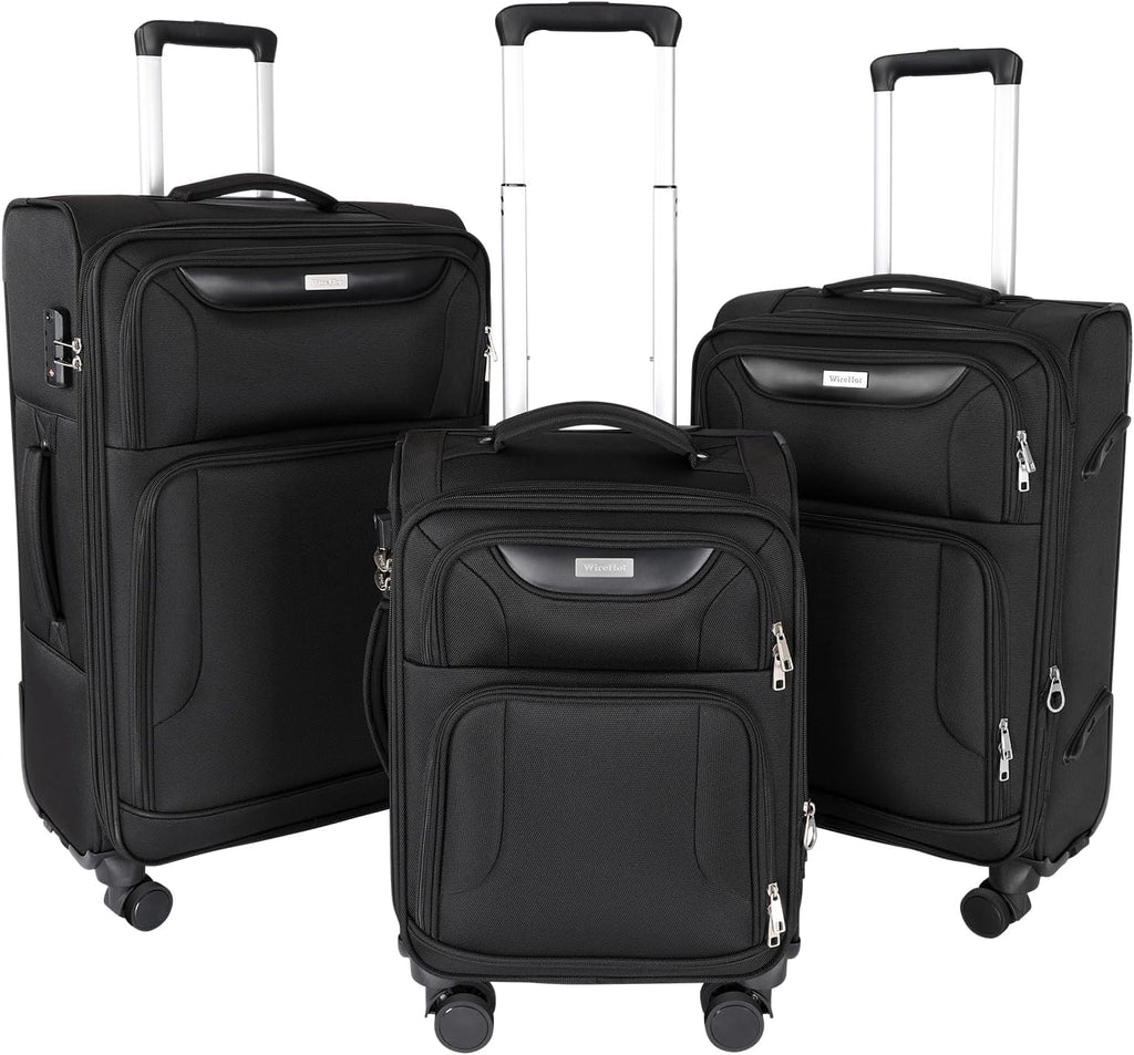 WireHot 3-Piece Softside Expandable Luggage Set with Front Open Pocket, Lightweight and Durable Oxford Fabric Suitcase Set with TSA Lock (Black, 20in/24in/28in)