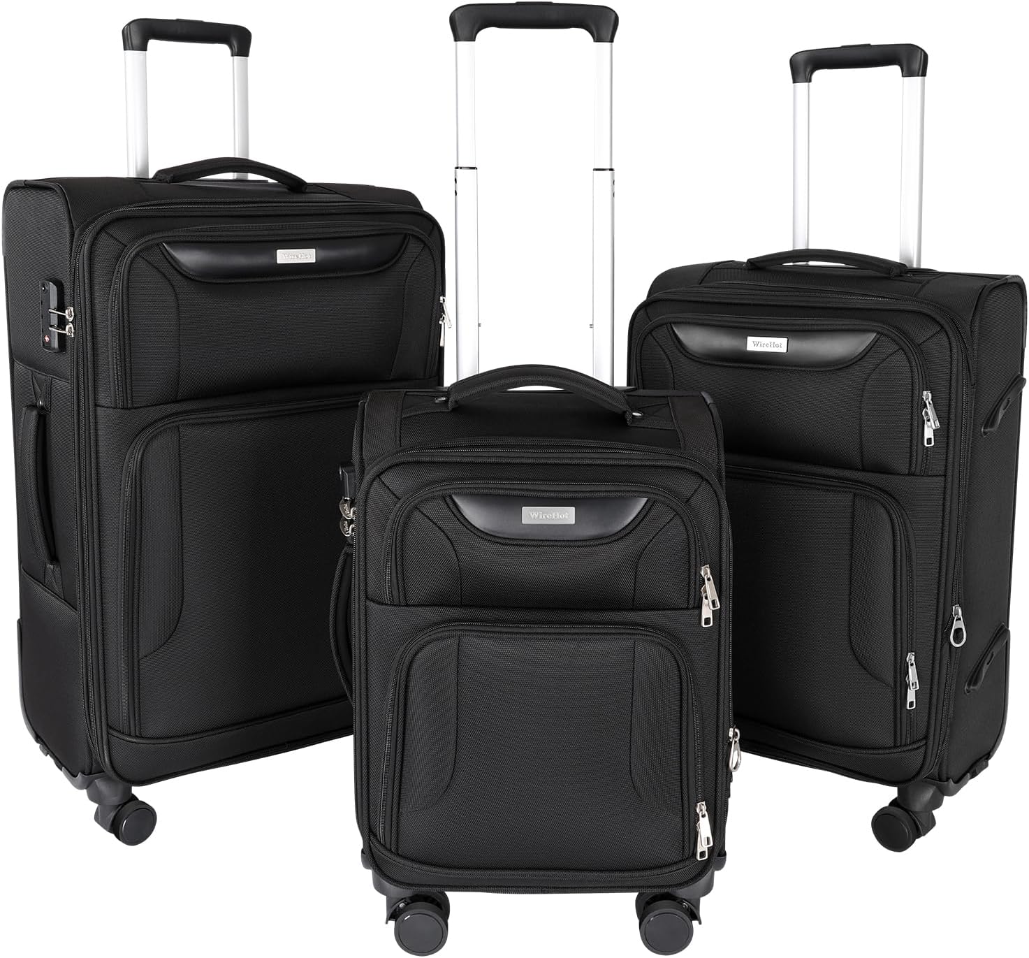 WireHot 3-Piece Softside Expandable Luggage Set with Front Open Pocket, Lightweight and Durable Oxford Fabric Suitcase Set with TSA Lock (Black, 20in/24in/28in)