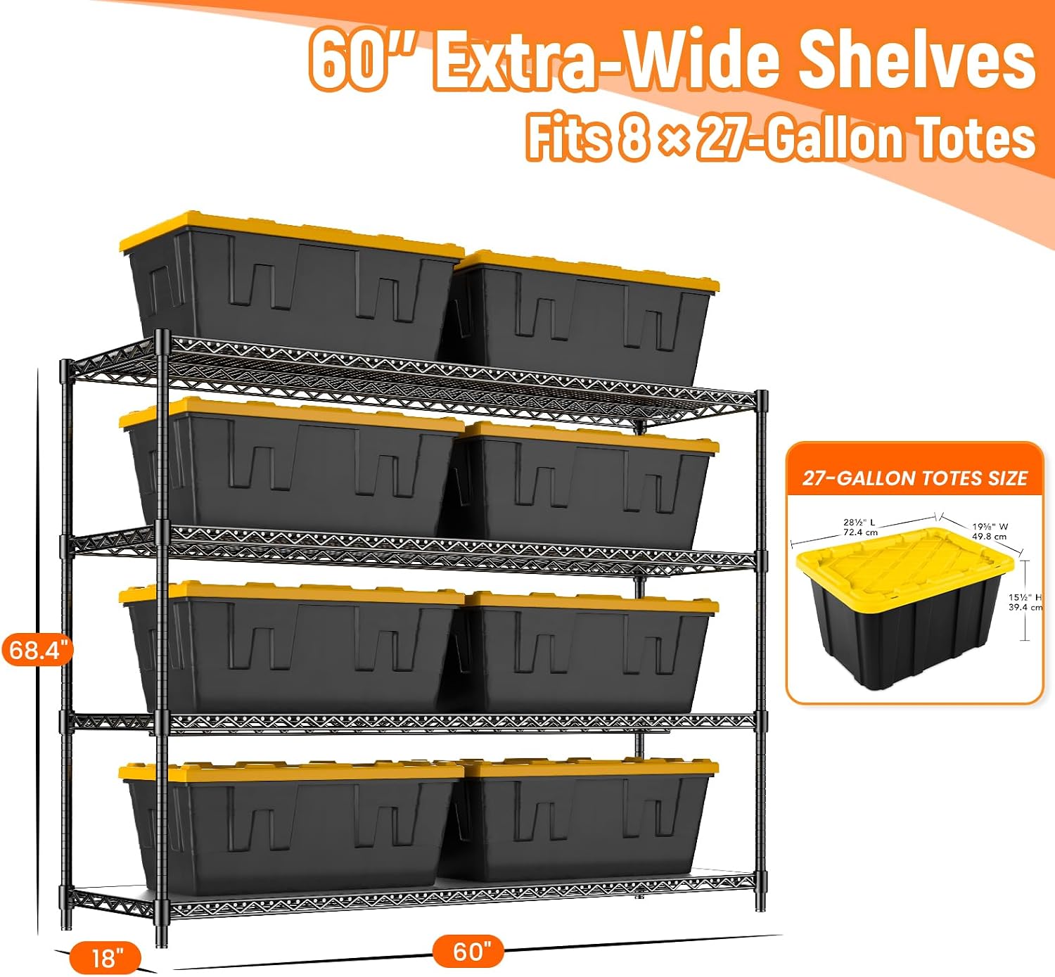60' W Storage Shelves 2640 LBS Heavy Duty Garage Shelving, Adjustable Wire Shelving Metal Shelving with Liners, Fits 27-Gallon Totes, 60' W x 18' D x 68.4' H for Commercial Warehouse, Black