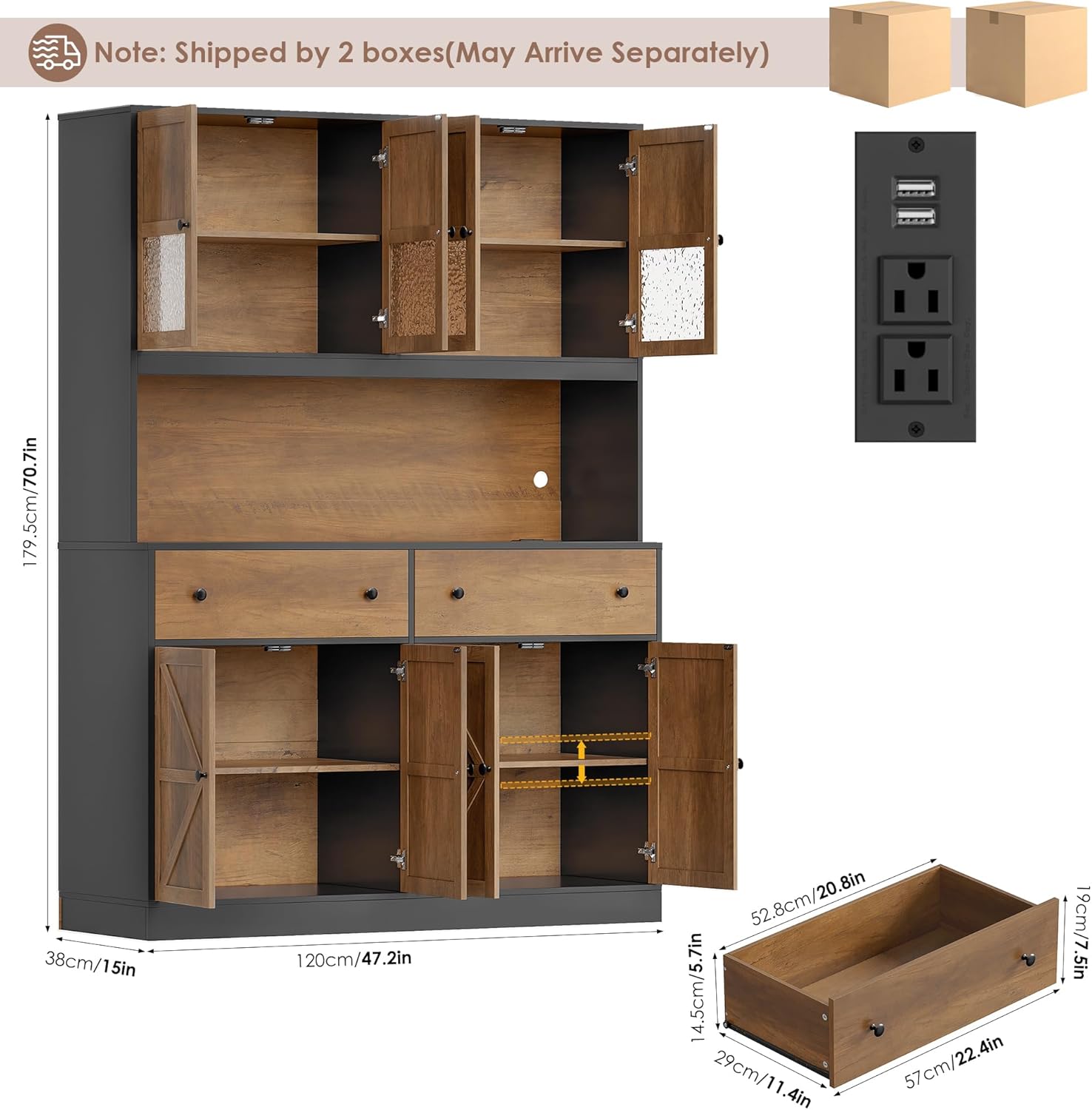 FINETONES 71' Pantry Cabinet with LED Light and Charging Station, Farmhouse Kitchen Pantry Cabinet with Microwave Stand, 47.2' Wide Kitchen Hutch Food Pantry with Open Countertop, Black/Brown