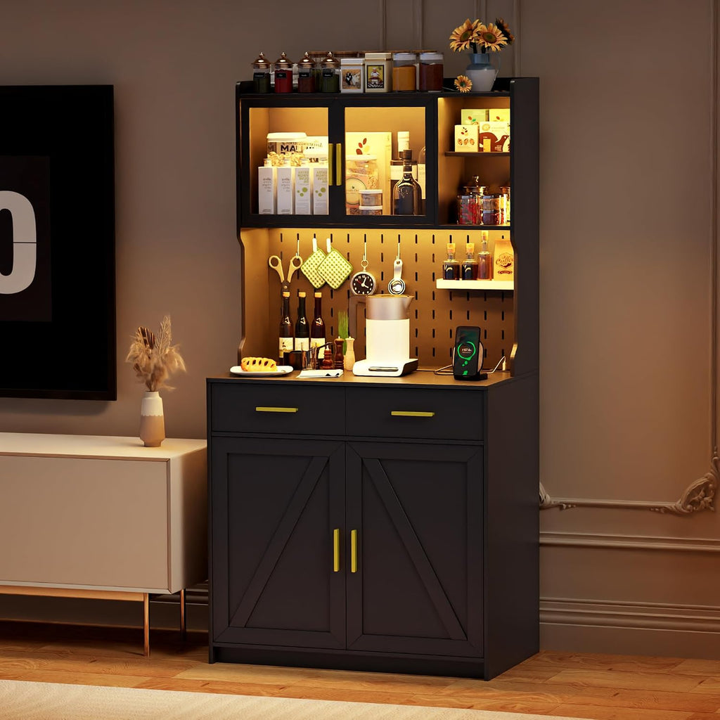 LED Kitchen Pantry Cabinet with Outlets, Farmhouse Storage Cabinet with Drawers & Adjustable Shelves, 64' Tall Cupboard with Pegboard & Hooks for Dining Room (Black)