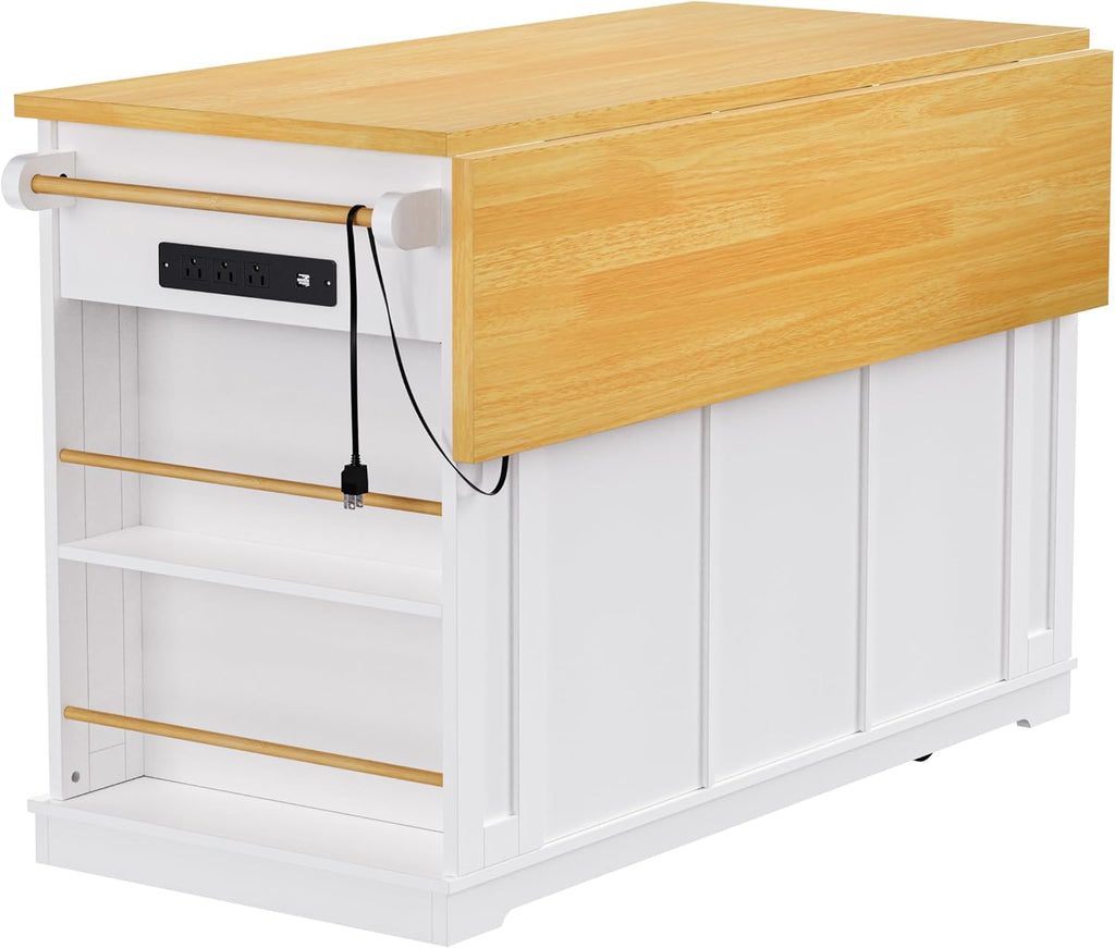 Classic Large Kitchen Island with Drop Leaf, Power Outlet, Door Internal Storage Rack, Rolling Kitchen Storage Cart on 5 Wheels with 5 Open Side Racks, 3 Drawers for Home, Dining Room (White/Wheels)