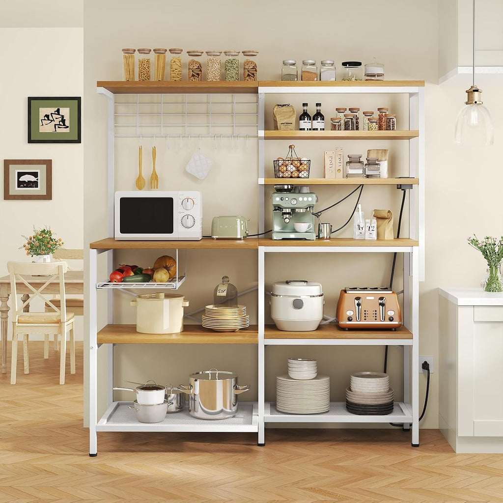 L-Shaped Bakers Rack with Power Outlet, 6-Tier Microwave Stand with Open Storage, Kitchen Shelf with Hooks, Coffee Bar with Wire Basket, White