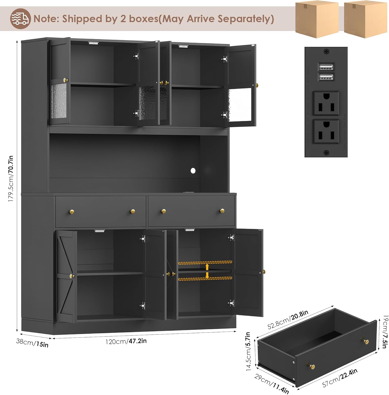 FINETONES 71' Pantry Cabinet with LED Light and Charging Station, Farmhouse Kitchen Pantry Cabinet with Microwave Stand, 47.2' Wide Kitchen Hutch Food Pantry with Open Countertop, Black