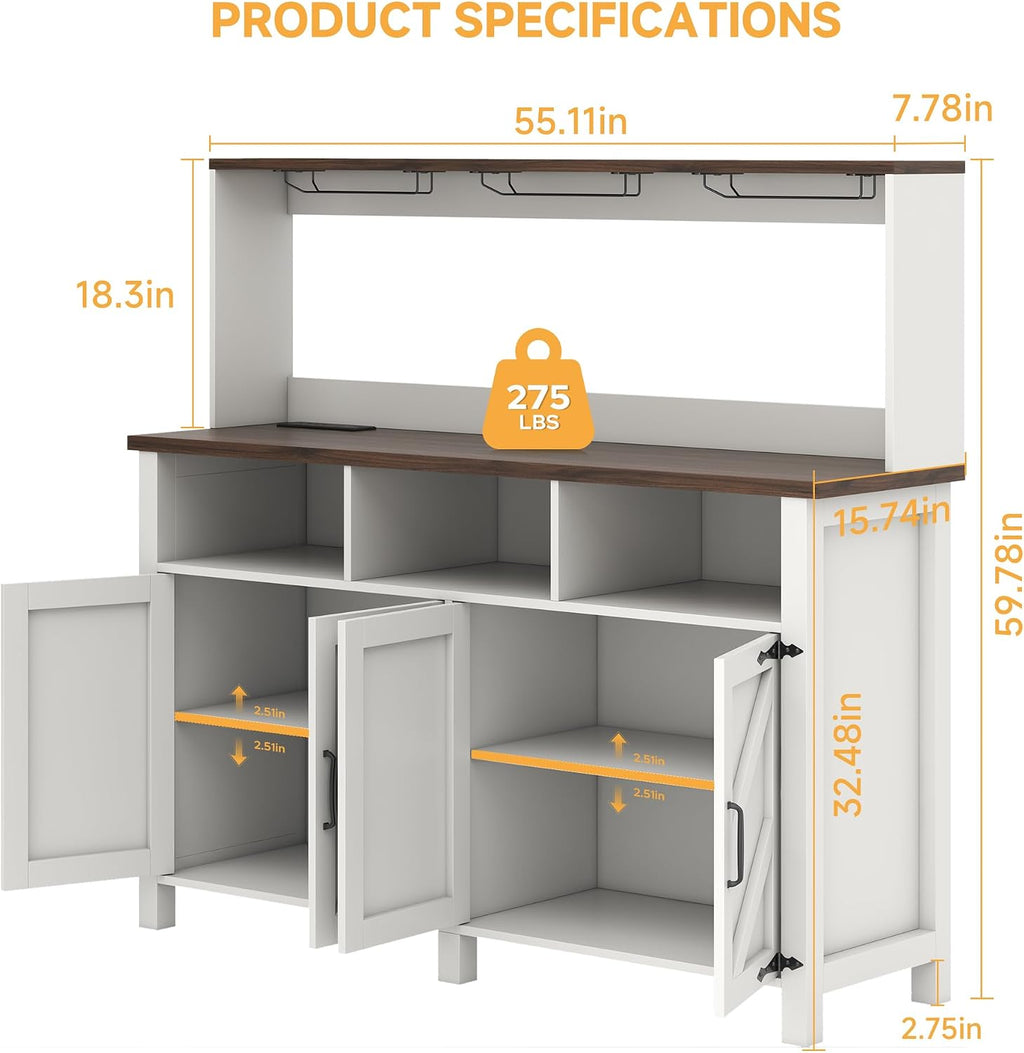 Buffet Sideboard with Storage Hutch with Power Outlets 4 Doors, Large Farmhouse Kitchen Storage Cabinet Wood Coffee Bar Cabinet with Goblet Holder and Cup Hooks for Kitchen, Dining Room, Entryway