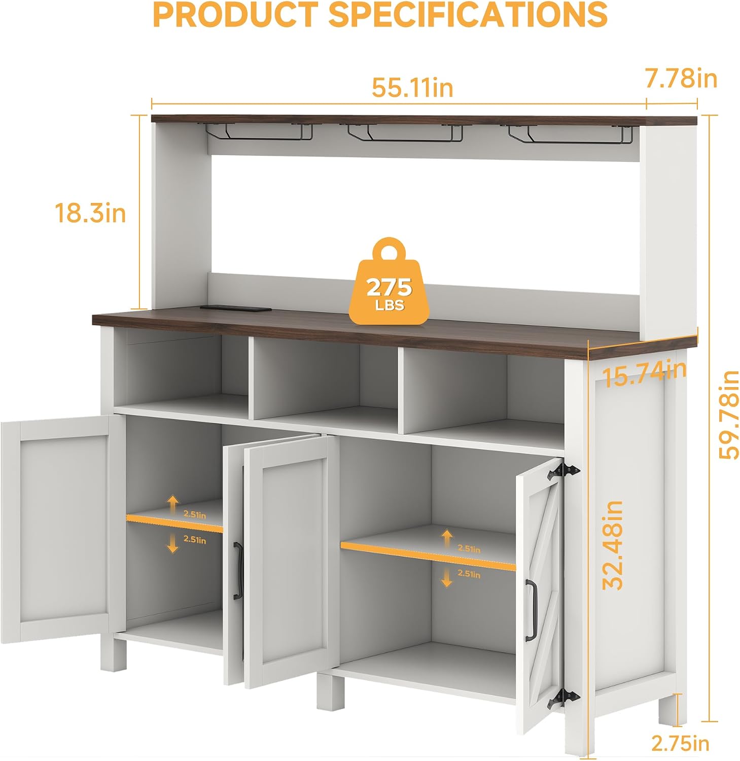 Buffet Sideboard with Storage Hutch with Power Outlets 4 Doors, Large Farmhouse Kitchen Storage Cabinet Wood Coffee Bar Cabinet with Goblet Holder and Cup Hooks for Kitchen, Dining Room, Entryway