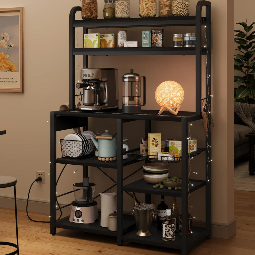 GAOMON Bakers Rack with Power Outlet, Kitchen Baker Rack with Wire Basket, Microwave Stand with Large Open Storage Shelves, 6-Tier Freestanding Utility Storage Shelf, Retro Black