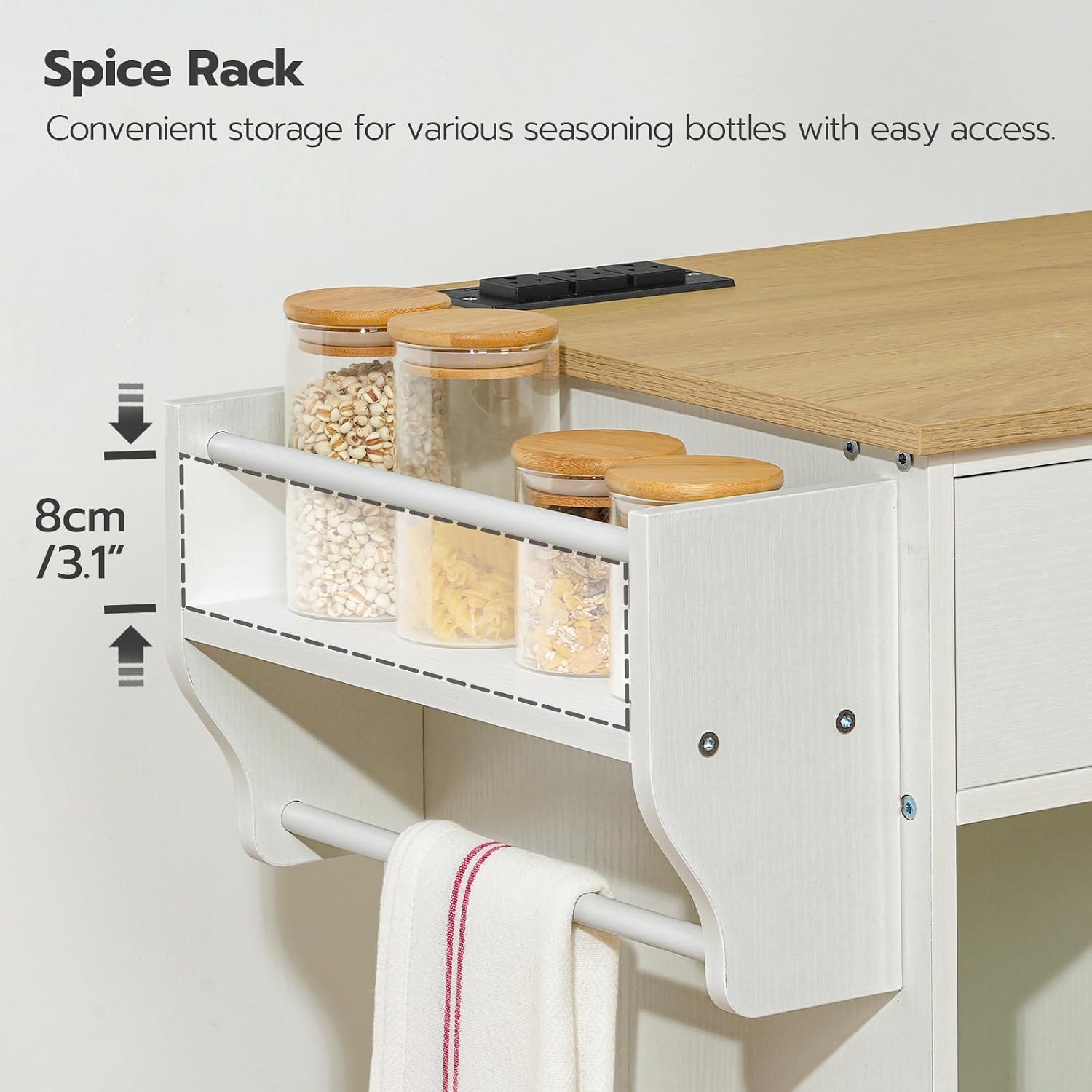 HOOBRO Kitchen Island with Trash Can Storage, Rolling Kitchen Island on Wheels, Kitchen Storage Island with Power Outlet, Mobile Islands Table for 10 Gallon Garbage Bin, Natural and White WN80UZD01G1