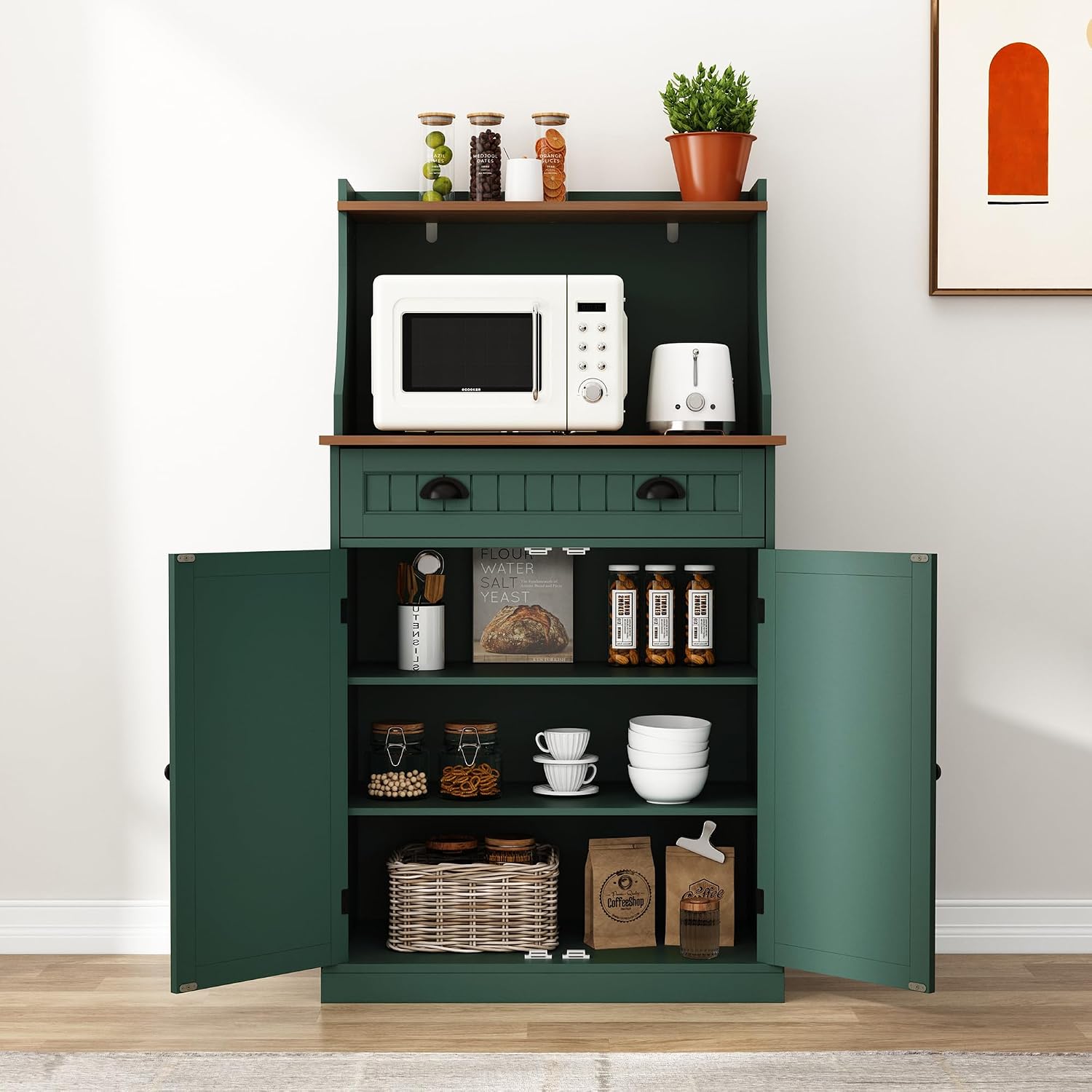 HOLTICO 54' Kitchen Pantry Storage Cabinet with Doors and Adjustable Shelves, Green Freestanding Microwave Cabinet with Drawer for Kitchen, Coffee Bar, Living Room