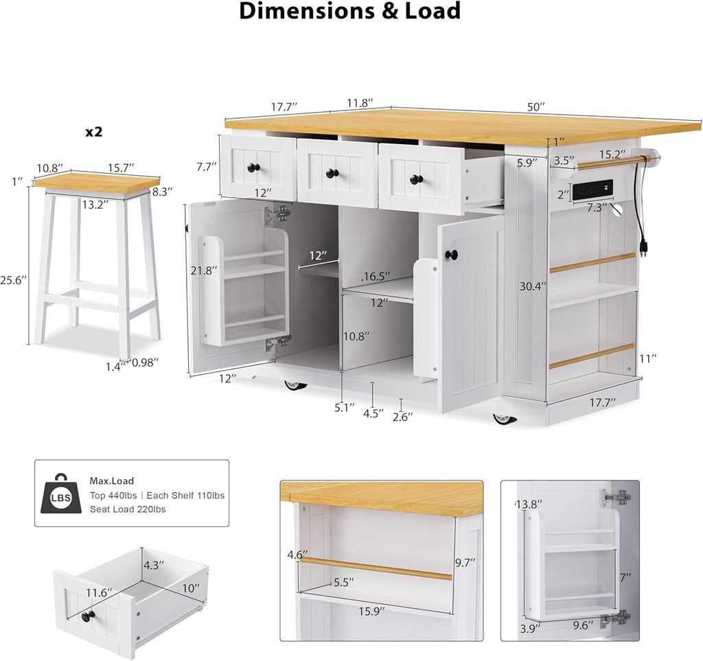 Large Kitchen Island Cart on 5 Wheels with 2 Bar Stools, Power Outlet, 3 Drawers, Kitchen Storage Cart with 5 Open Side Racks, Drop Leaf for Kitchen, Dining Room, Home Bar White