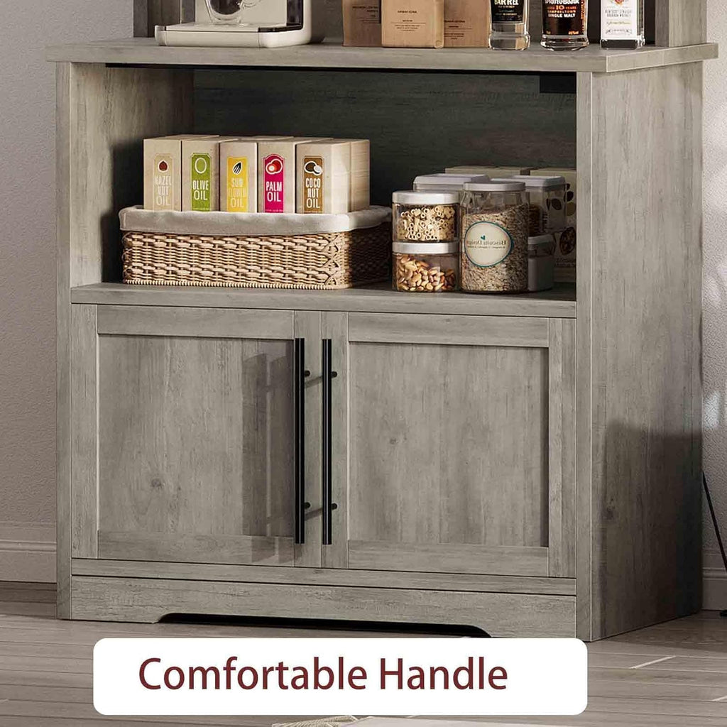 TrailBlaze Microwave Stand with Storage Cabinet, Bakers Rack with Power Outlet and Shelves, Farmhouse Floor Hutch Door Thickened Counter, Storage Shelf Coffee Bar for Kitchen, Dining Room, Grey