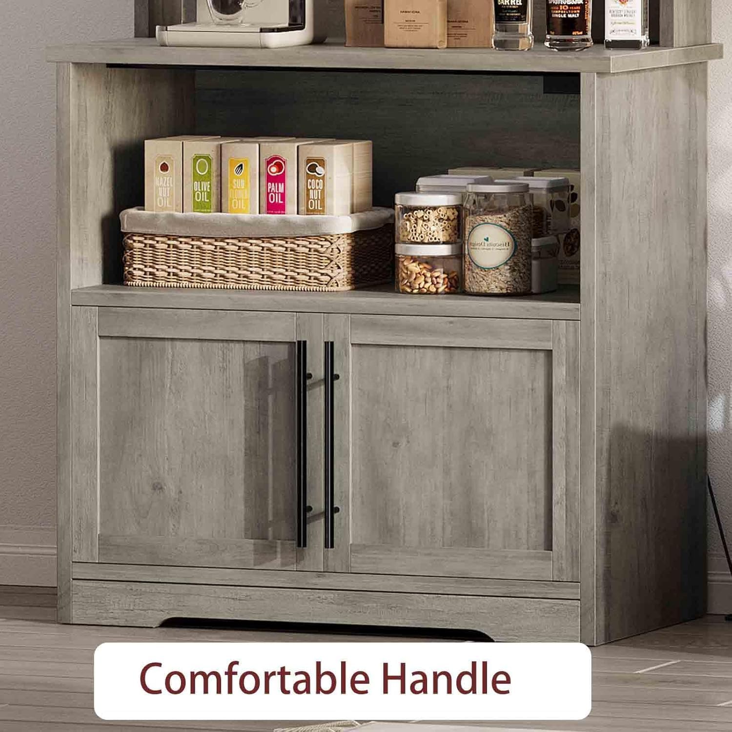 TrailBlaze Microwave Stand with Storage Cabinet, Bakers Rack with Power Outlet and Shelves, Farmhouse Floor Hutch Door Thickened Counter, Storage Shelf Coffee Bar for Kitchen, Dining Room, Grey