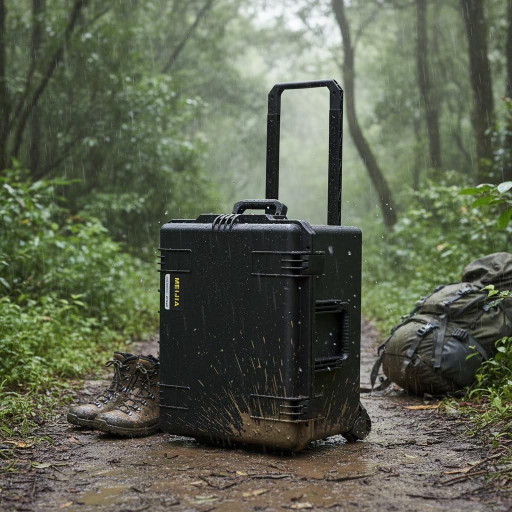 MEIJIA Portable All Weather Waterproof Rolling Hard Camera Case with Customizable Fit Foam and Wheels, 24.6'X19.7'X14.4',Elegant Black