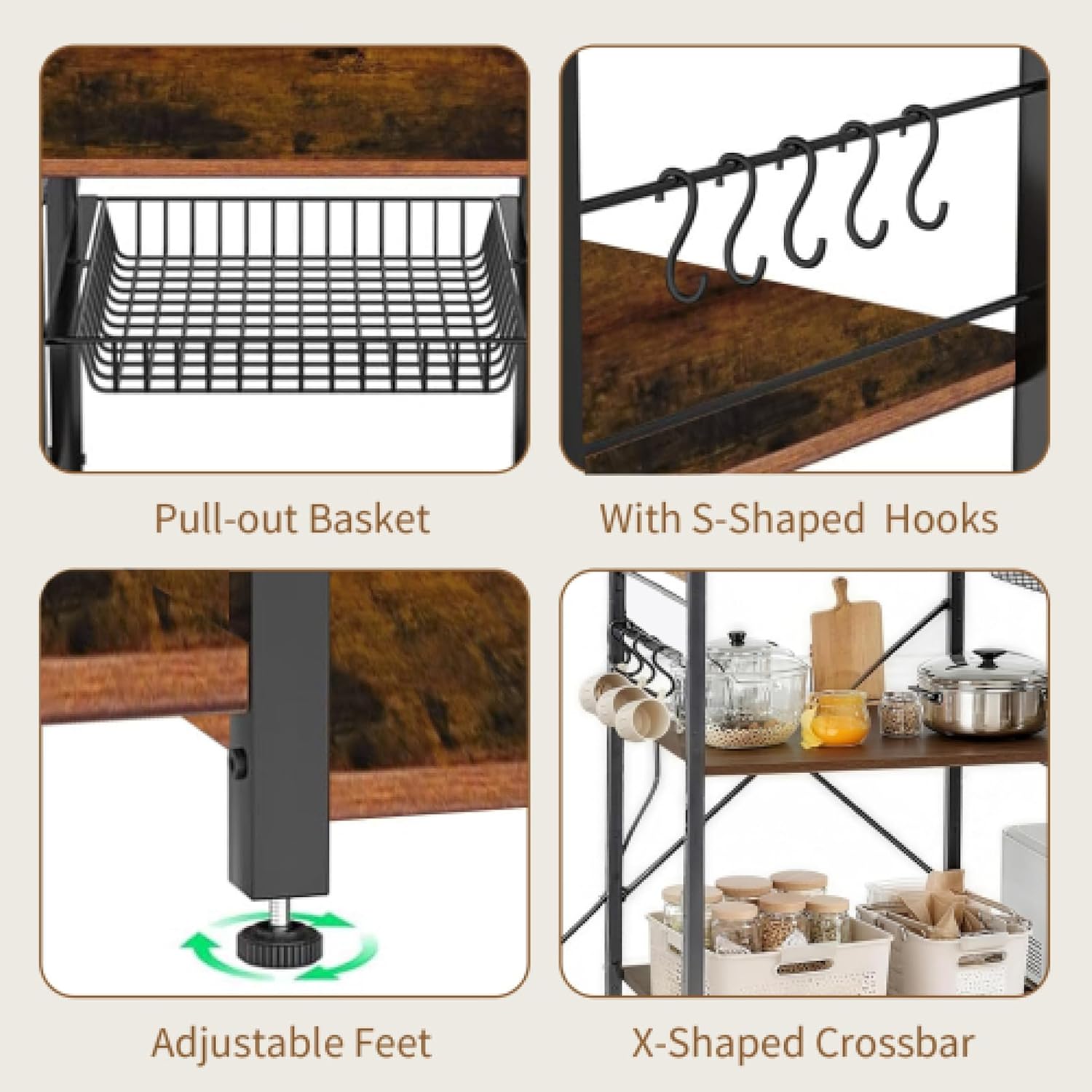 Kitchen Bakers Rack with Power Outlet Microwave Stand Freestanding Coffee Bar with Wire Basket Metal Bakers Rack for Spices Pots
