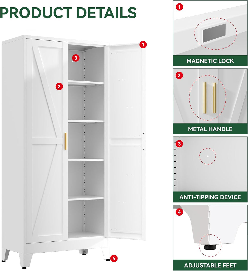 Kitchen Pantry Cabinet,71' H x 31.5' W,Metal Farmhouse Storage Cabinet with Adjustable Shelves and Barn Doors,5-Tier Storage Cabinet for Kitchen Dining Room Garage,White 1 Pack