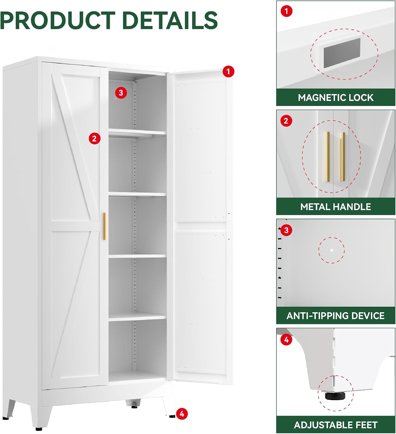 Kitchen Pantry Cabinet,71' H x 31.5' W,Metal Farmhouse Storage Cabinet with Adjustable Shelves and Barn Doors,5-Tier Storage Cabinet for Kitchen Dining Room Garage,White 1 Pack