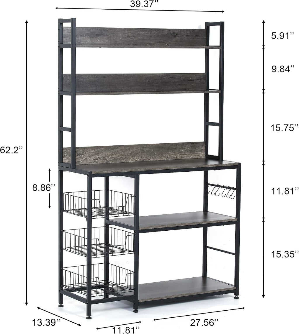 Kitchen Bakers Rack with Baskets,Free Standing Shelf,5-Tier Kitchen Utility Storage Shelf with Hooks, Microwave Oven Stand Rack Grey