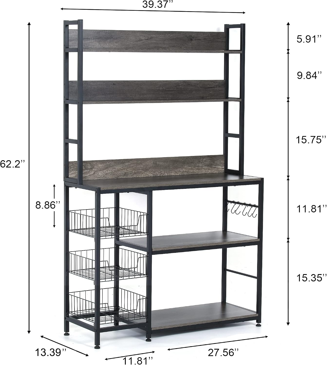 Kitchen Bakers Rack with Baskets,Free Standing Shelf,5-Tier Kitchen Utility Storage Shelf with Hooks, Microwave Oven Stand Rack Grey