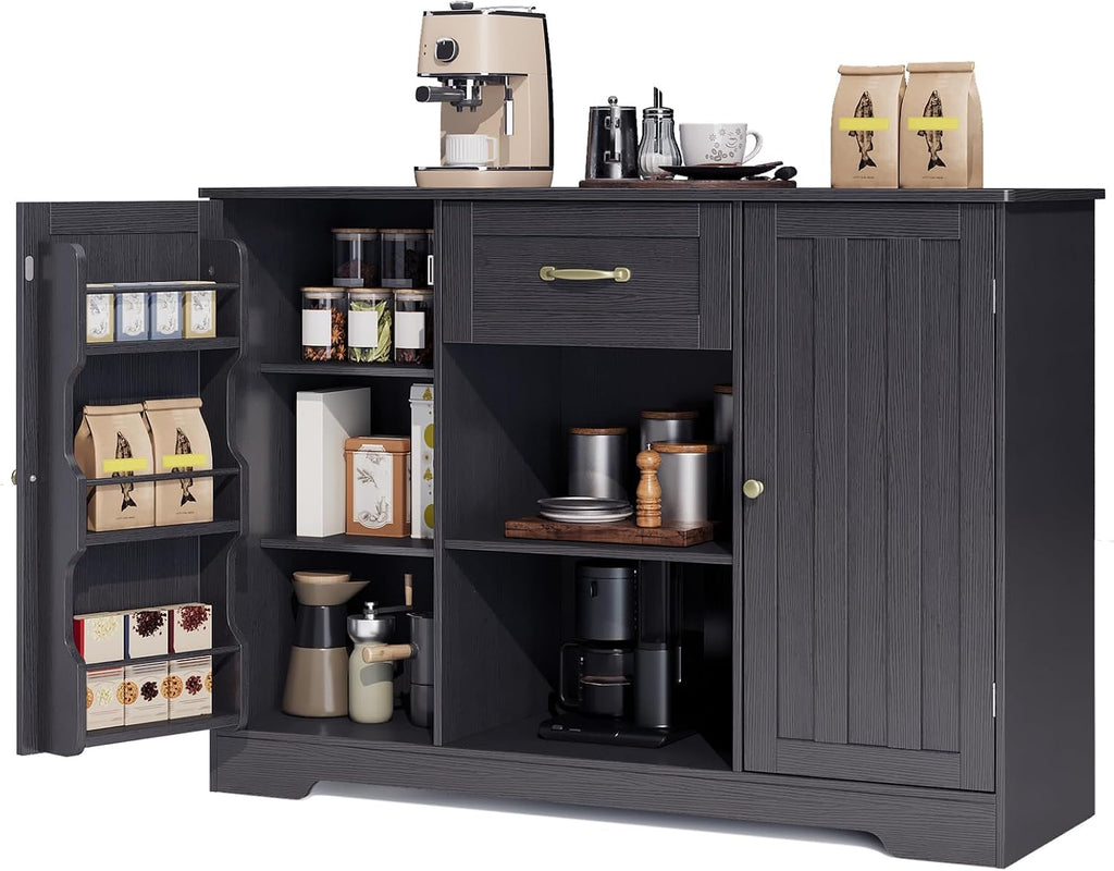 Gizoon 45' Coffee Bar Cabinet with Door and Shelves Kitchen Hutch with Countertop, Kitchen Buffer Cabinet with Storage for Bedroom and Living Room, Black