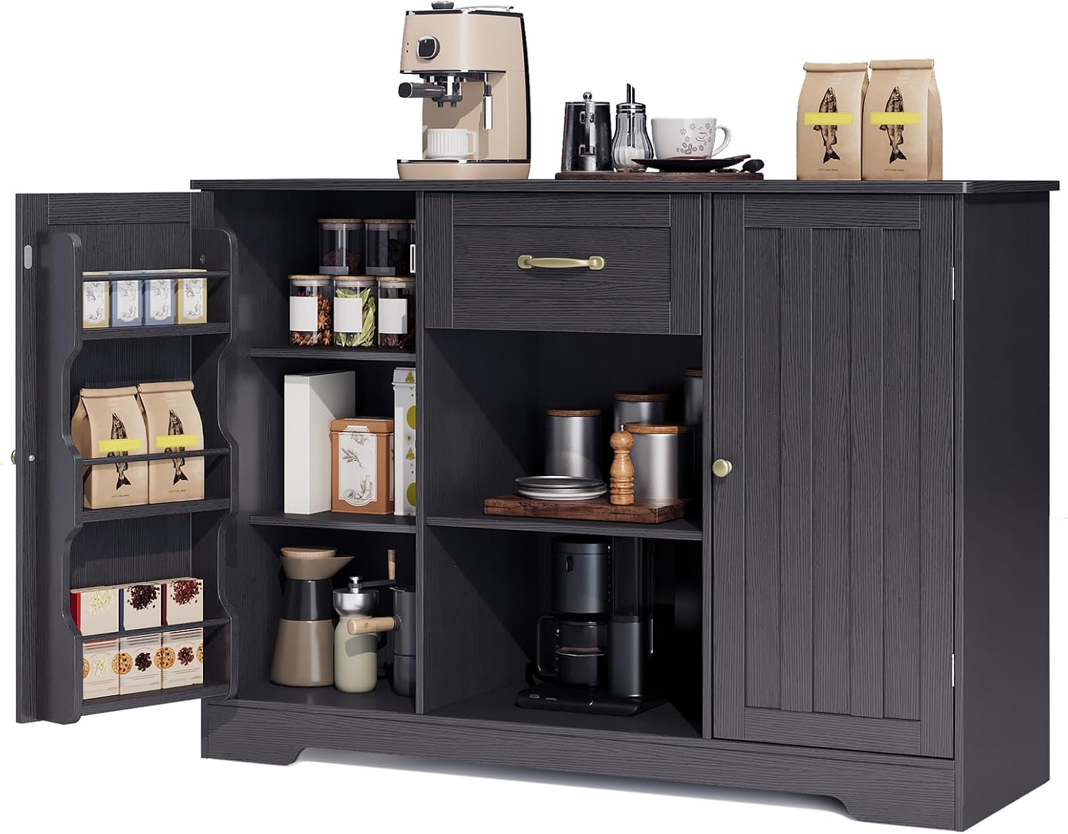 Gizoon 45' Coffee Bar Cabinet with Door and Shelves Kitchen Hutch with Countertop, Kitchen Buffer Cabinet with Storage for Bedroom and Living Room, Black