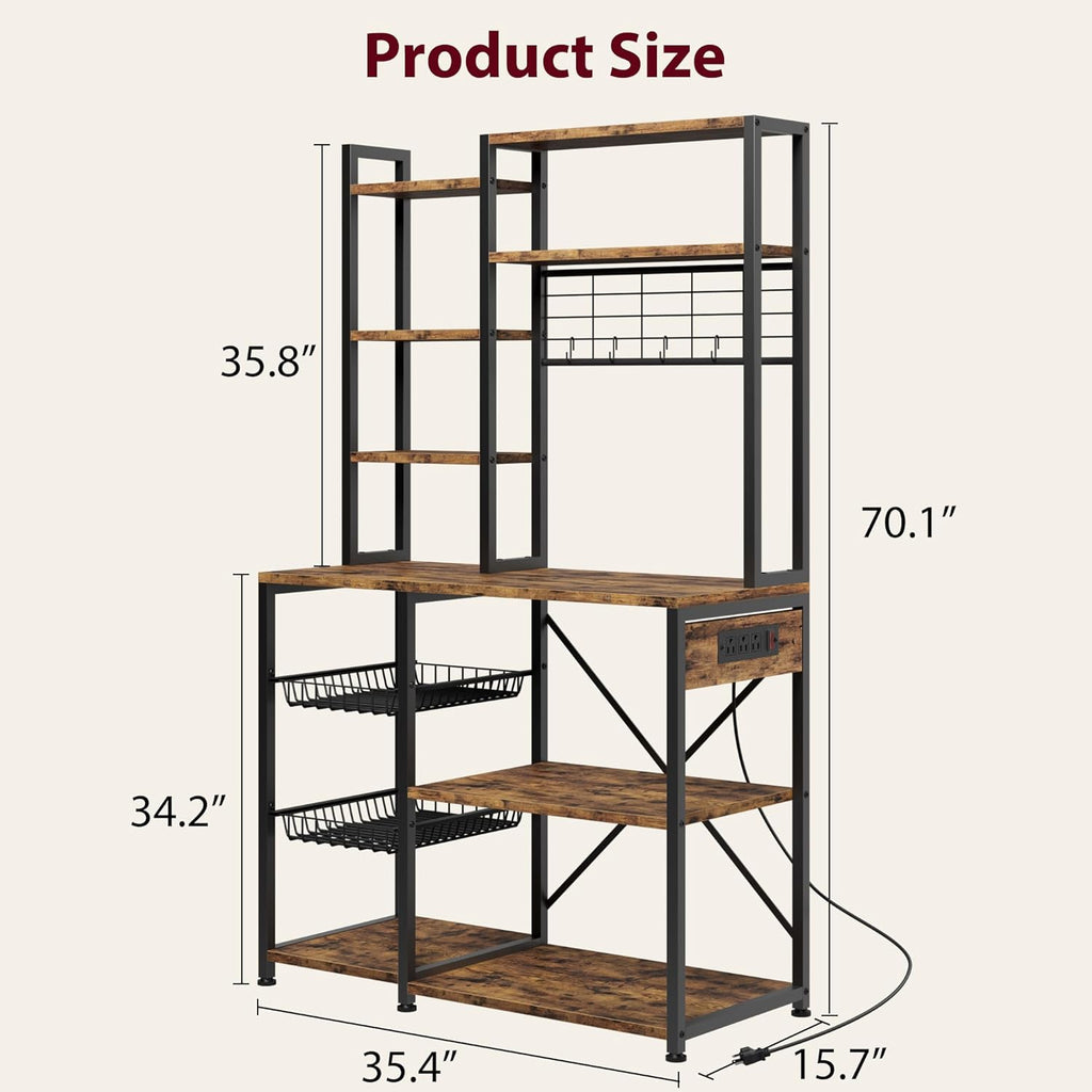 GAOMON 7-Tier Bakers Rack, Industrial Microwave Stand with 2 Metal Wire Baskets & Power Strip, Coffee Bar Organizer with Large Storage Shelves for Pots & Dishes, Kitchen Storage Rack, Brown