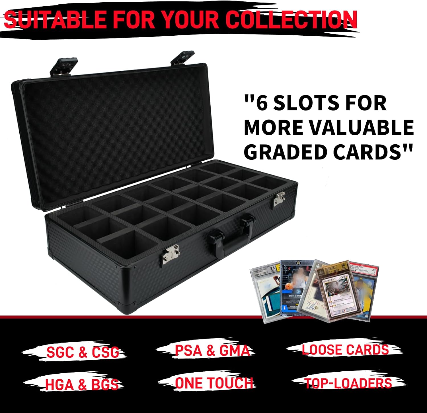 6 Row 250+ TSA Combination Lock Trading Deck Cases Graded Card Case Psa Graded Card Storage Box Psa Slab Case (Hexagonal prism, BLACK)