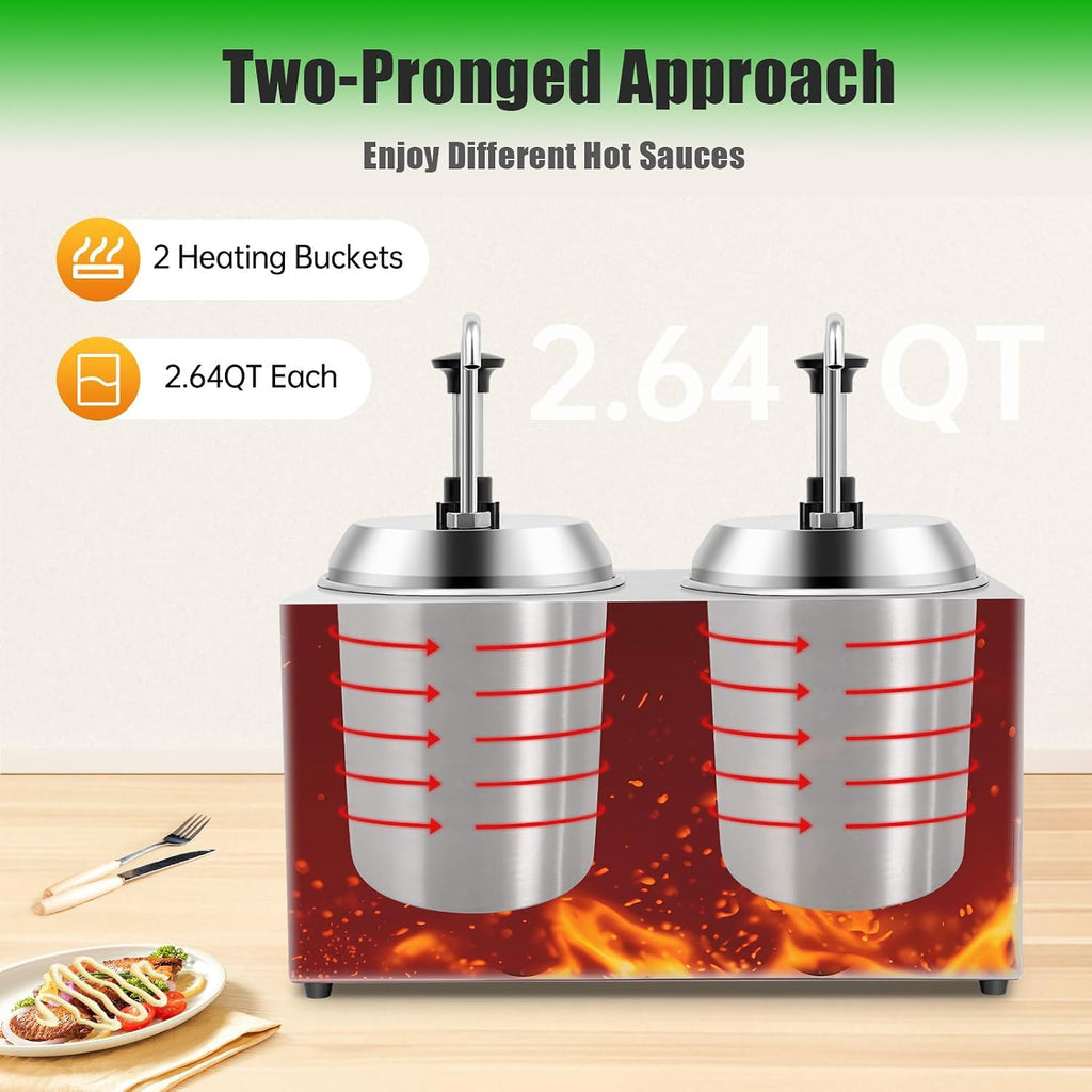 Cheese Dispenserwith 2 Pumps,2 x 2.5L Stainless Steel Hot Cheese Dispenser, Electric Seasoning Sauce Warmer,Temperature Control 32°-230°F for Home Restaurant Snack Bar