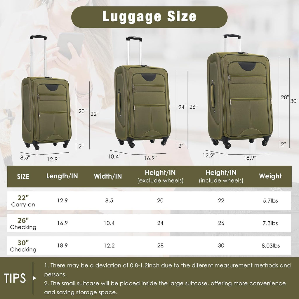 Merax Softside Luggage Set 3 Piece Suitcase with Duffel Bag Spinner Wheels Lightweight Expandable Travel Luggage 22' 26' 30',Army Green