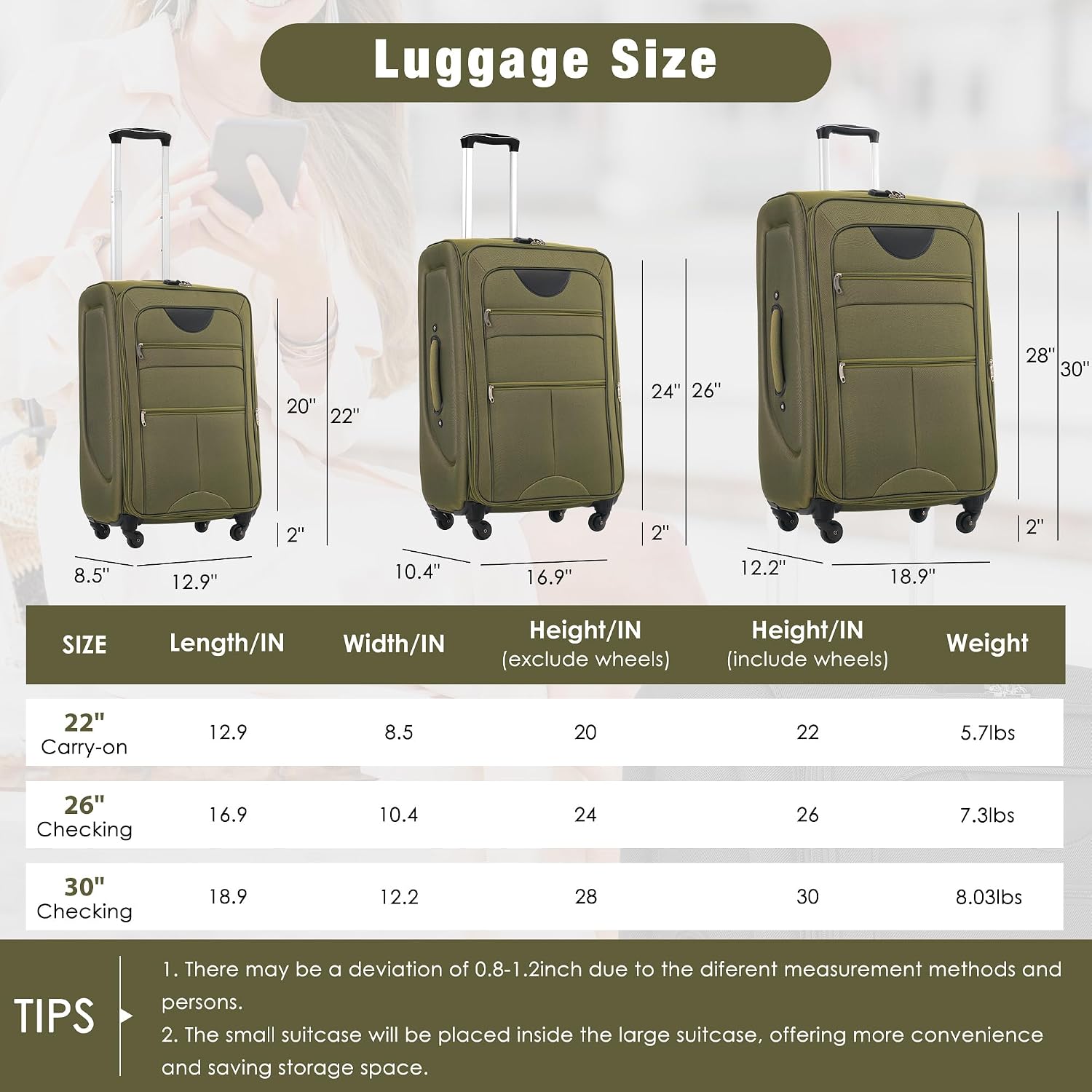 Merax Softside Luggage Set 3 Piece Suitcase with Duffel Bag Spinner Wheels Lightweight Expandable Travel Luggage 22' 26' 30',Army Green